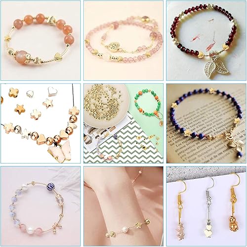 Miniatura 5 de PH PandaHall 120 cuentas chapadas en oro de 14 quilates, 4 formas de corazón y estrella, cuentas sueltas de metal de latón, cuentas de bola Rondelle