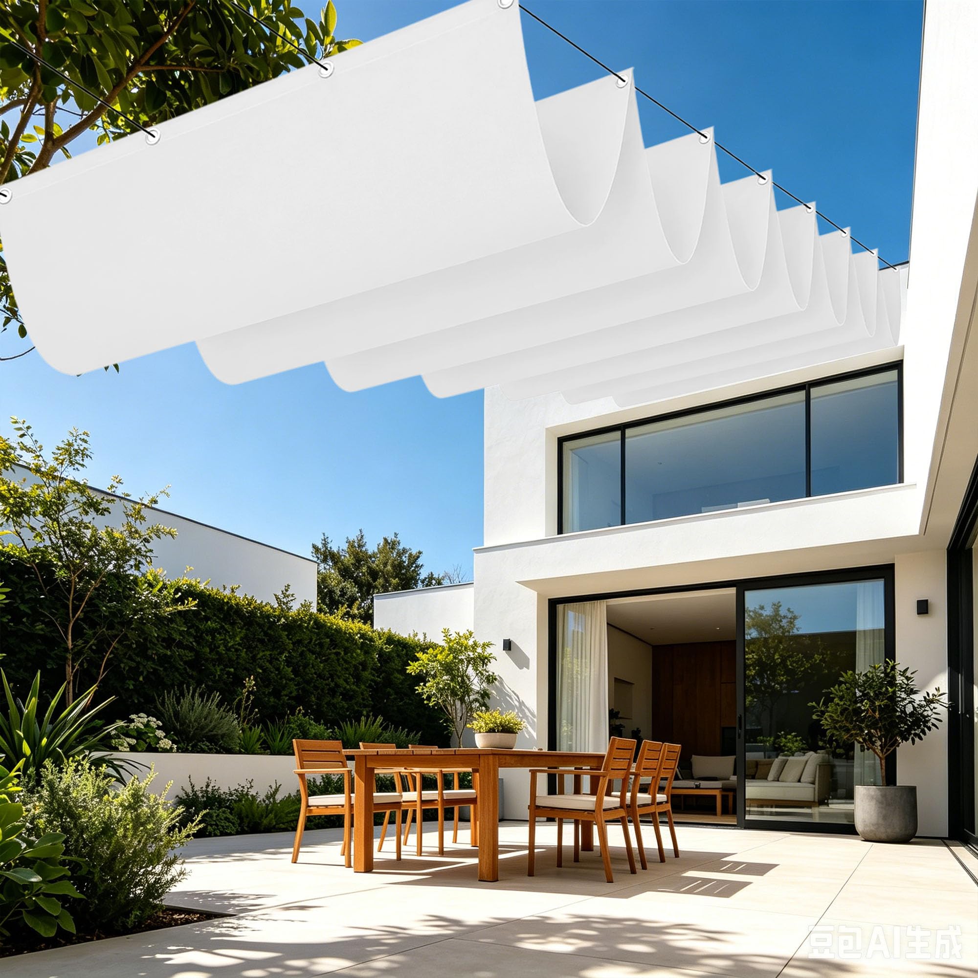 Voile ombrage rétractable vague 350x340 cm blanc anti pluie pour terrasse et jardin