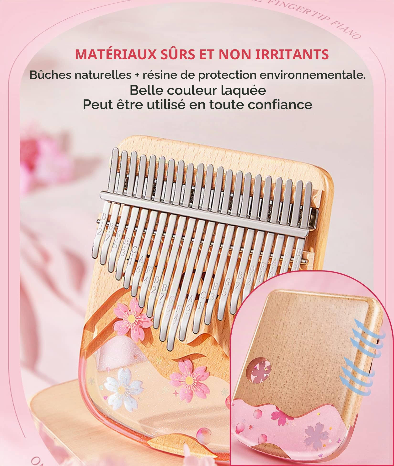 BOTOWI 17 Touches de Piano à Doigts Cadeau Musical, Kalimba en Cristal 21 Touches de Piano à Pouces en Acrylique Transparent avec Sac Eva, Marteau Accordage, Chiffon de Nettoyage,17keys Sakura