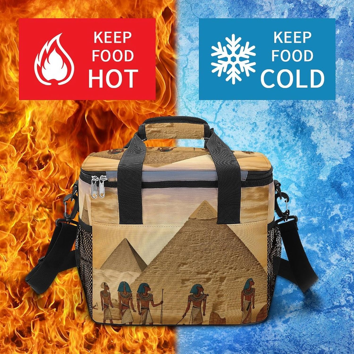 Camping Ice Pack, Ancient Egyptians Print Cooler Bag, 22.5L Large Capacity Insulated Lunch Tote Bag for Outdoor, Picnic, BBQ, Travel, Work