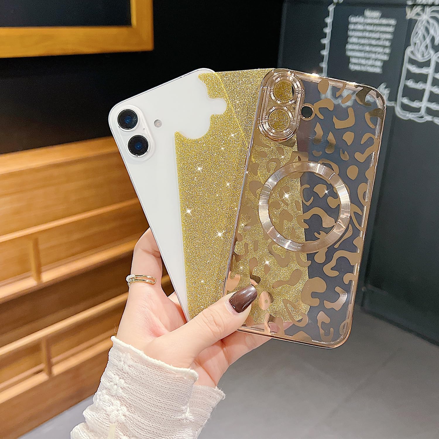 for iPhone 16 Plus Case Magnetic,Soft Cute Luxury Leopard Cheetah Pattern Plating Glitter Bling Phone Case Compatible with MagSafe Clear Shockproof Back Cover for Women Girl 6.7"-Gold - Image 6