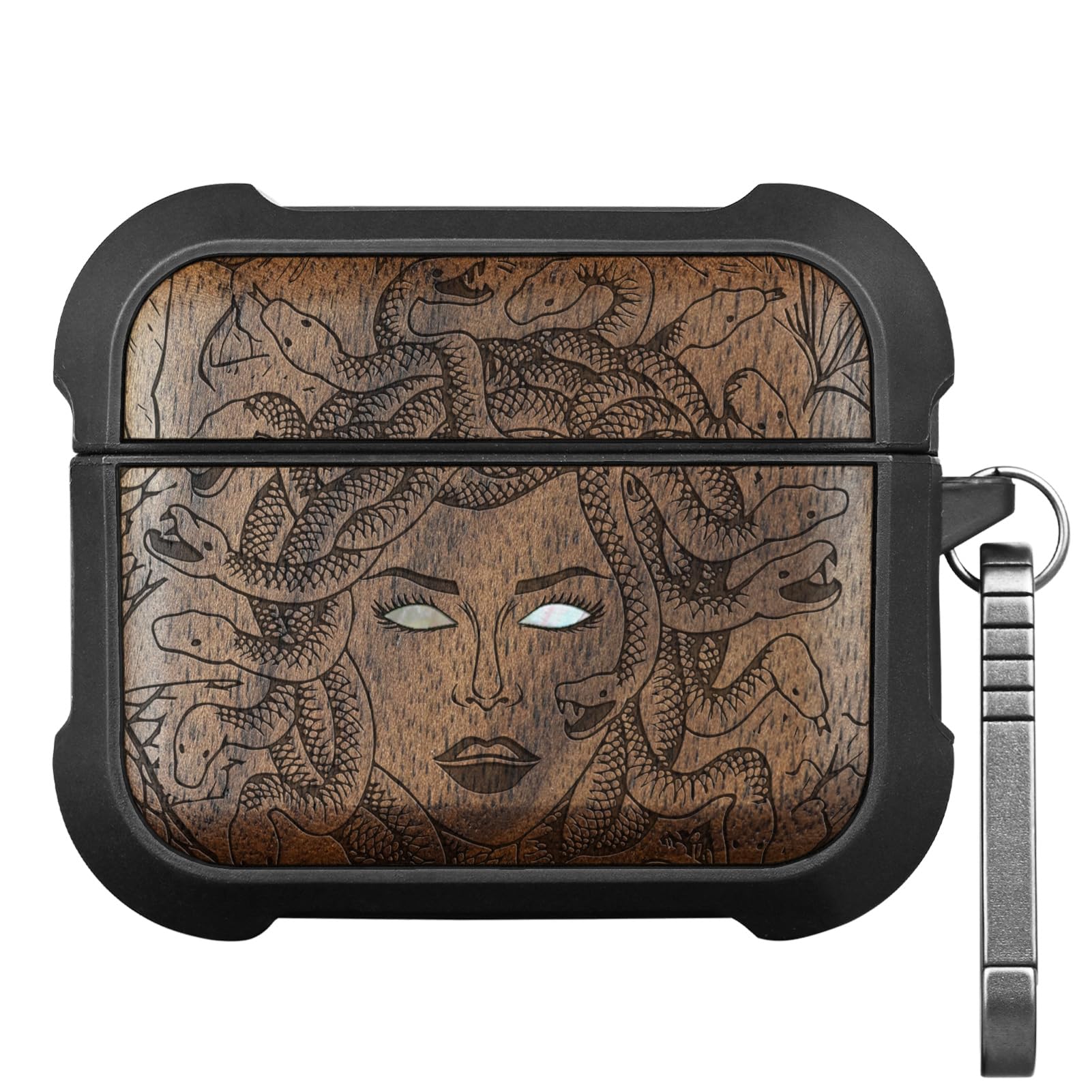 Carveit Etui kompatybilne z AirPods Pro 3 (2025), etui ochronne [grawerunek z drewna i muszla] [tytanowe szybkie zapięcie] do Airpods Pro 3 Skin 2025 etui (zagadka z drewna orzechowego)