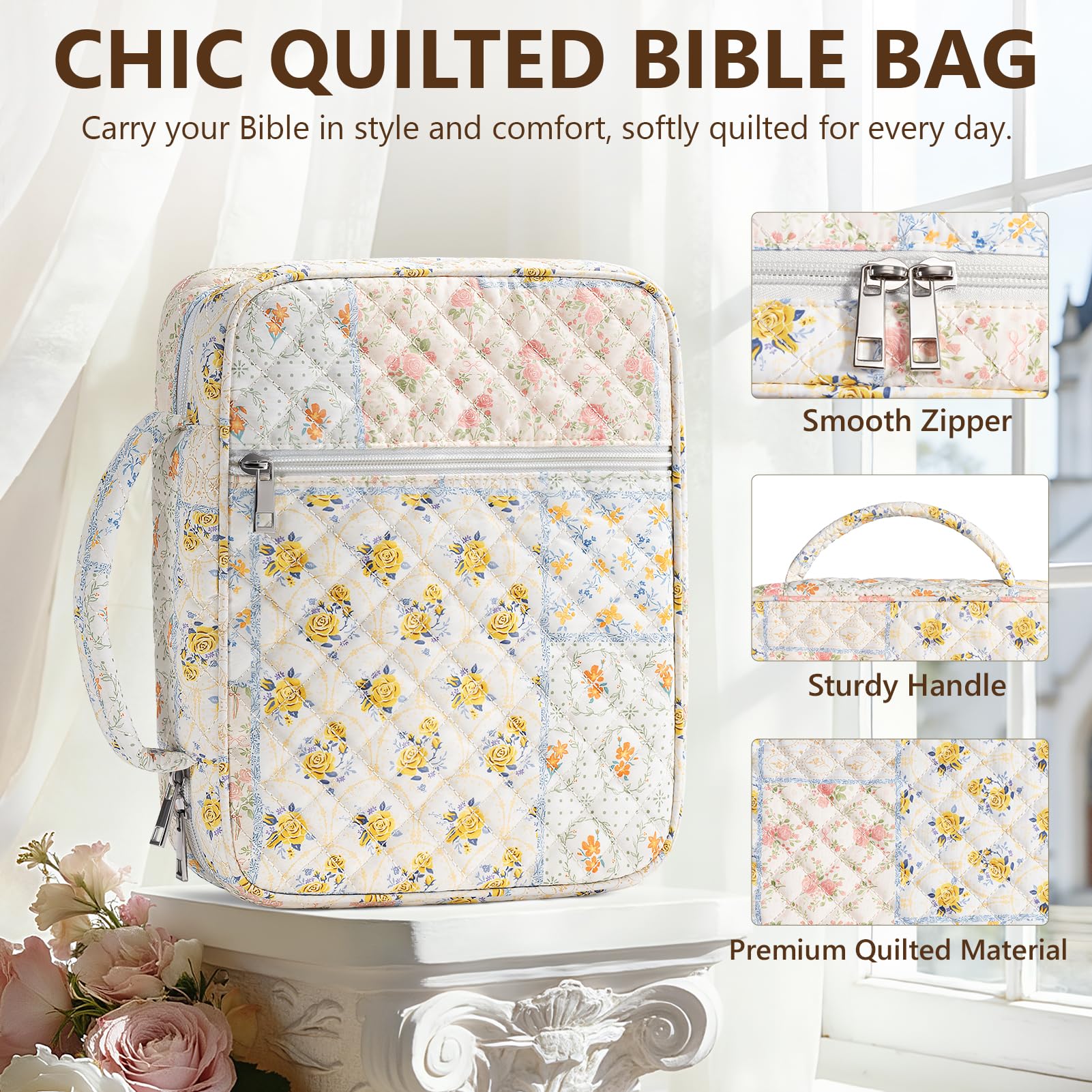 Bibelhülle für Frauen, große Bibeltasche, Bibelstudium, Tagebuch-Set, gesteppte Kirchentasche mit Griff, Puffer-Tragetasche mit Tabs, Zubehör, Ostern, Muttertag, christliche Geschenke für Frauen