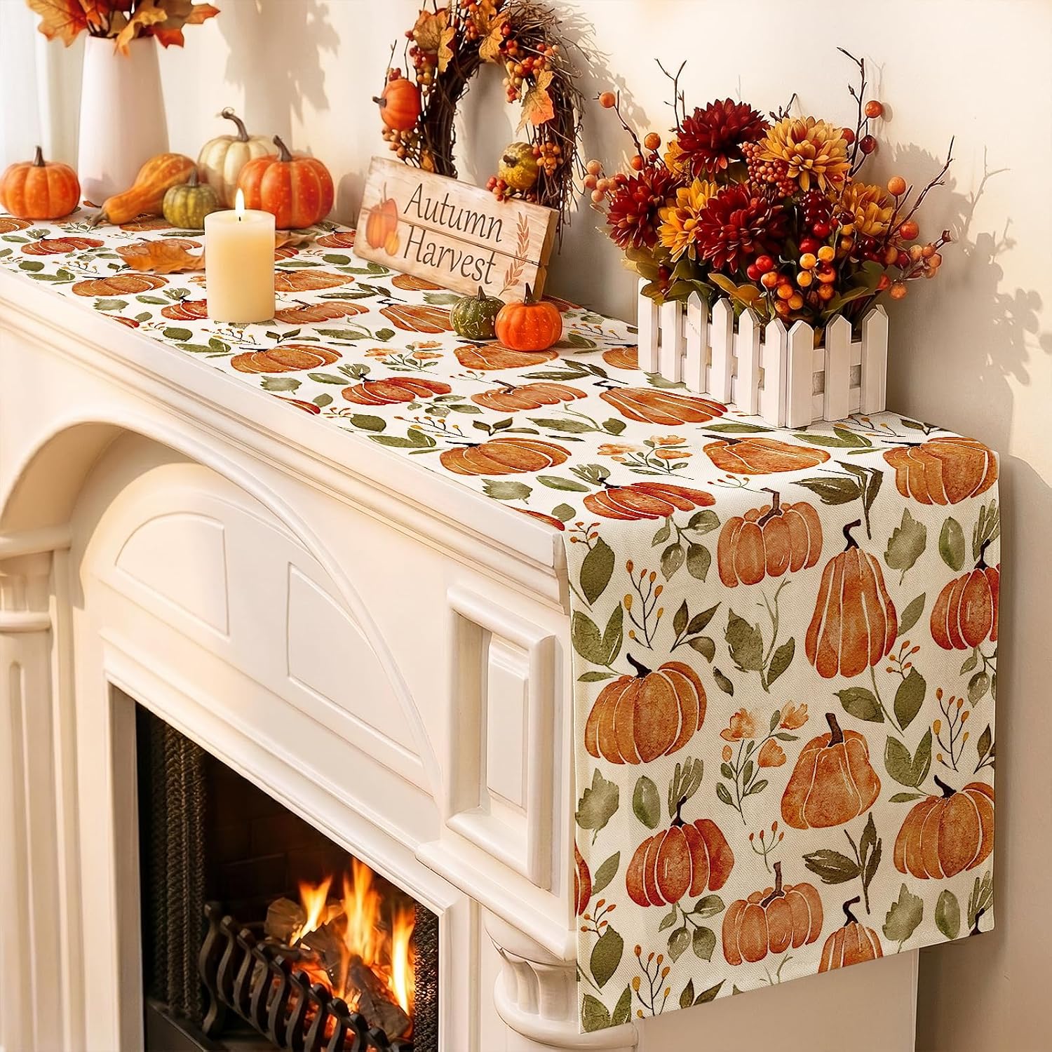 Artscope Fall Pumpkin Table Runner, Watercolor Plant Pumpkin Autumn Thanksgiving Holiday Kitchen Dining Table Decoration for Fall Home Decor 13x72 Inch