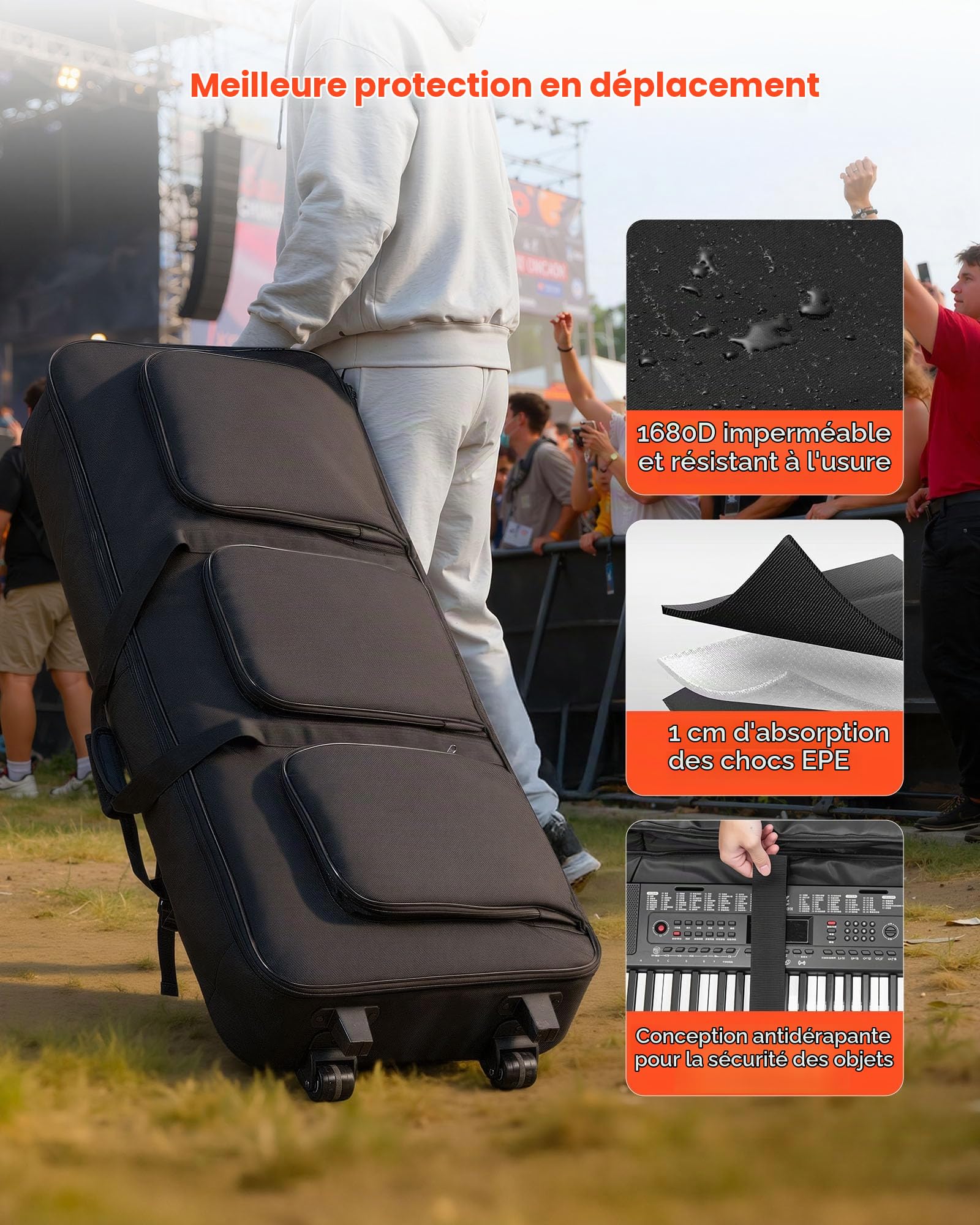 VEVOR Sac à Roulettes pour Clavier 61 Touches, 1680D, Housse de Transport pour Clavier 61 Touches et Piano Électrique, Intérieur 104x43x13 cm, Rembourrage Épais, avec Poignée, 3 Poches de Rangement