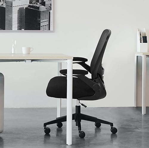 Miniatura 7 de Silla ergonómica de oficina con respaldo medio, silla de computadora de malla con soporte lumbar y reposabrazos abatibles, silla giratoria de altura