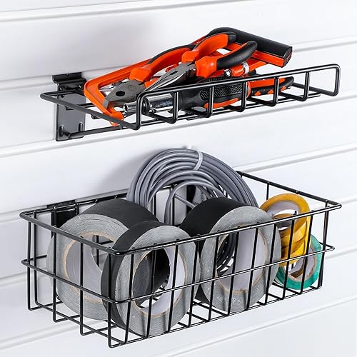 Miniatura 2 de Juego de 8 cestas de Slatwall, 4 cestas de metal ventiladas, cestas montadas en pared, 4 estantes colgantes de pared de Slatwall, accesorios para