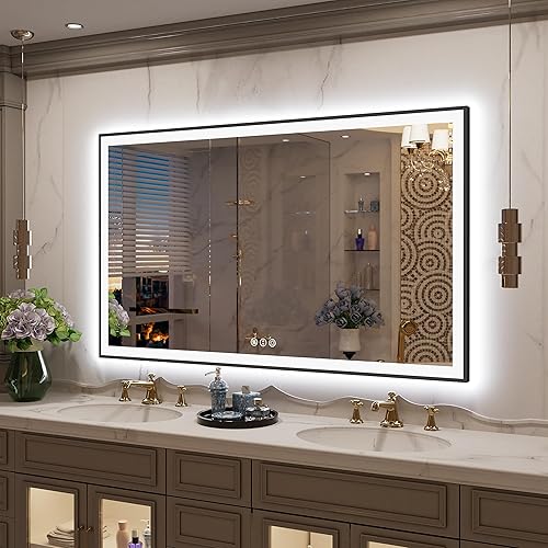 Miniatura 8 de Espejo de baño grande de 77 x 36 pulgadas, retroiluminado y frontal con luz LED, espejo de tocador moderno rectangular negro, regulable, antiniebla,