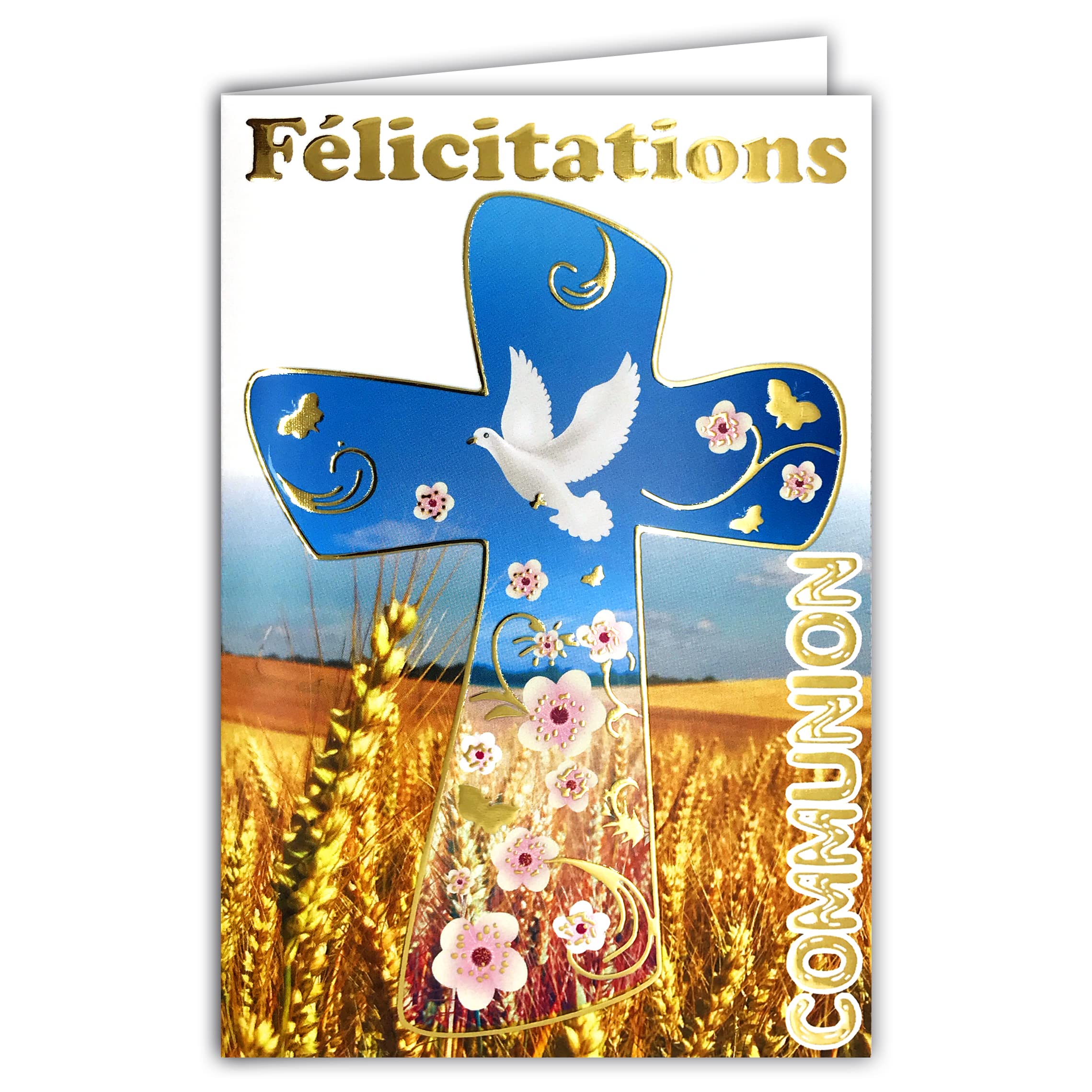Gold Greetings Card Communion Gold Crosses Rude Champ Wheat Bread Wine Grape Flowers Dove Peace Godfather Godfather Church Christian Catholic Religion Made in France