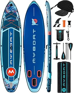 Myboat Extra breites aufblasbares SUP mit Kajaksitz, Doppelpaddel, 335×86×15 cm, 10 L wasserdichter Tasche, 16 D-Ringen, 3 abnehmbaren Finnen und Kamerahalterung