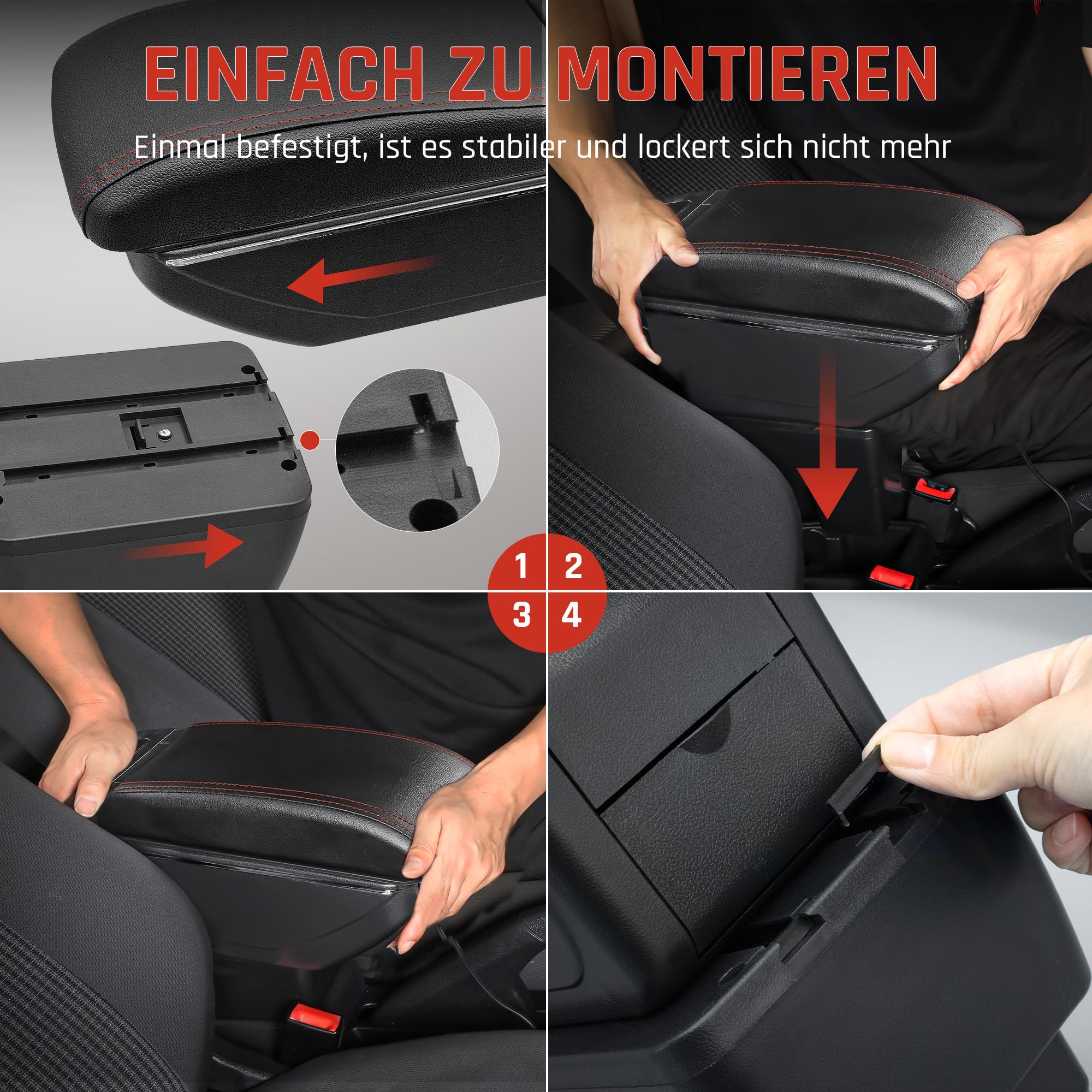 Auto Armlehnen für Ford Focus 3 mk3 2011-2019 Mittelarmlehne | Zweistufiger Stauraum, Armlehne zum Entspannen, Einfache Montage, PU-Leder, Rote Nähte,Gilt nur für Bestimmte Modelljahre