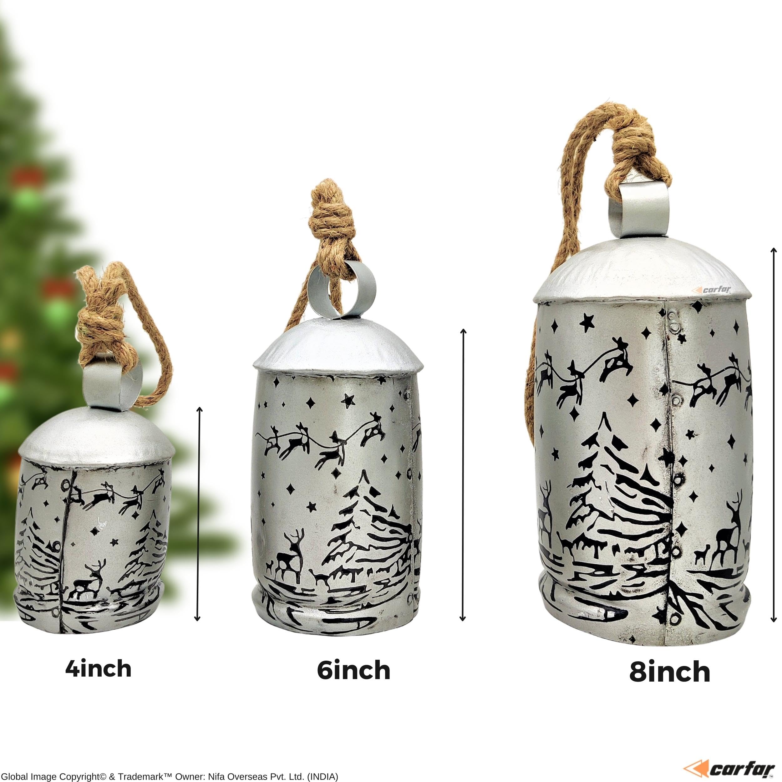 Carfar Set of 3 Rustic Copper Style Large Bells Handmade Metal Harmony Christmas Hanging Cow Bells Complete Set on Jute Rope (Silver)