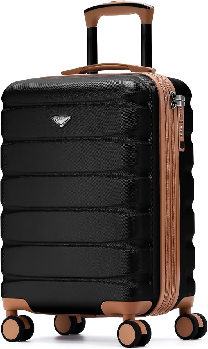 Flight Knight 22x14x9 Expandable Carry On Suitcase Hardside TSA Lock USB C Port Lightweight Luggage Silent Double Spinner Wheels Maximum Overhead Carry-On Bag American United Approved Black/Tan