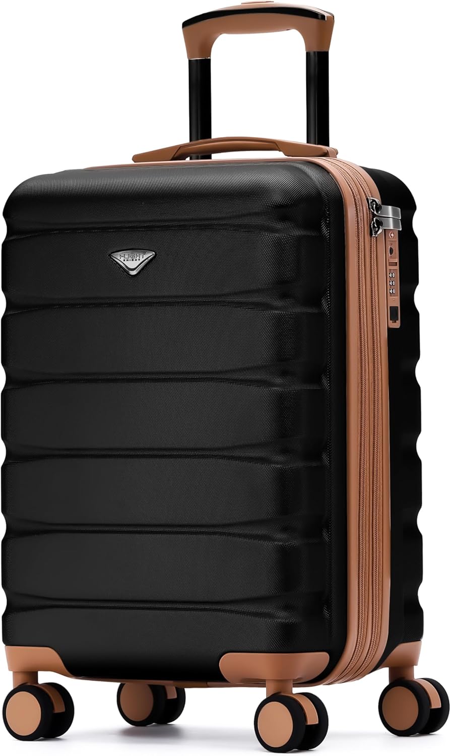 Flight Knight 22x14x9 Expandable Carry On Suitcase Hardside TSA Lock USB C Port Lightweight Luggage Silent Double Spinner Wheels Maximum Overhead Carry-On Bag American United Approved Black/Tan