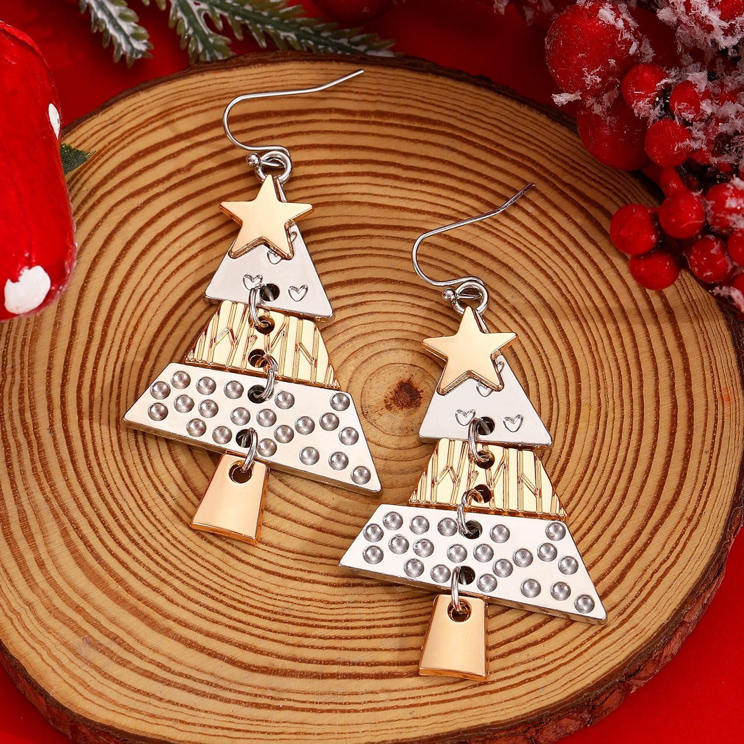 Christmas Tree Earrings for Women Two-Tone Dangle Drop with Star Lightweight Holiday Hook Earrings Festive Statement Jewelry Gift - Image 2