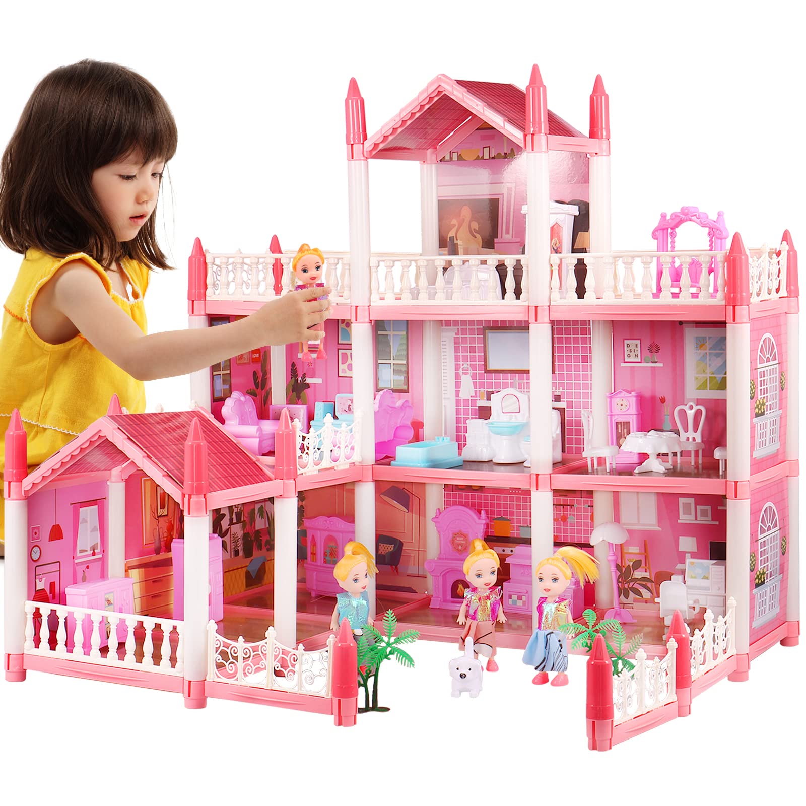 DIY Doll House Kit, 3-Story 9 Rooms Princess Dream Castle Pink Pretend Play House with String Light and Furniture Accessories Children Christmas Toy Gift for 4-6 Years Old Girls
