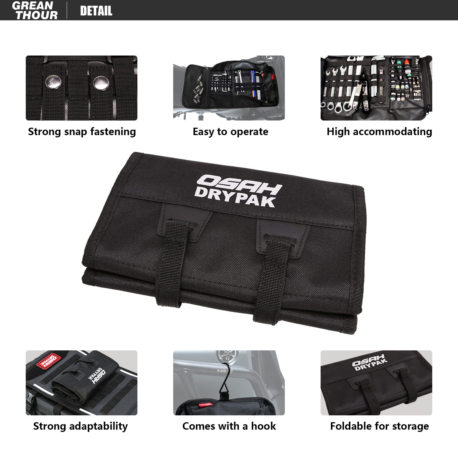 Greantour Sac à Outils Moto Enroulable,Petit kit d'outils pour moto,Avec plusieurs bandes élastiques et poches intérieures, Accessoires de moto Harley UTV pour vélo hors route (outils non inclus)-Noir