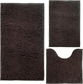 Bathroom Rugs Chenille 3-Piece Extra Soft and Absorbent Shag Bathroom Rugs, Machine Wash Mat, Strong PVC Non-Slip Underside, Plush Carpet Mats (Coffee)