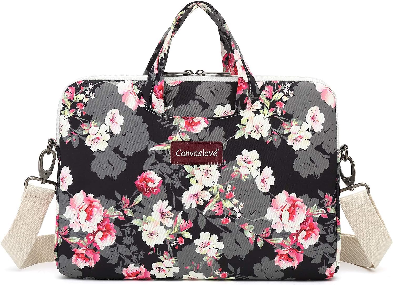 Canvaslove Floral Laptop Messenger Bag, Water Resistant Canvas, 15-16 inch Compatible, Black with Blue and White Flowers