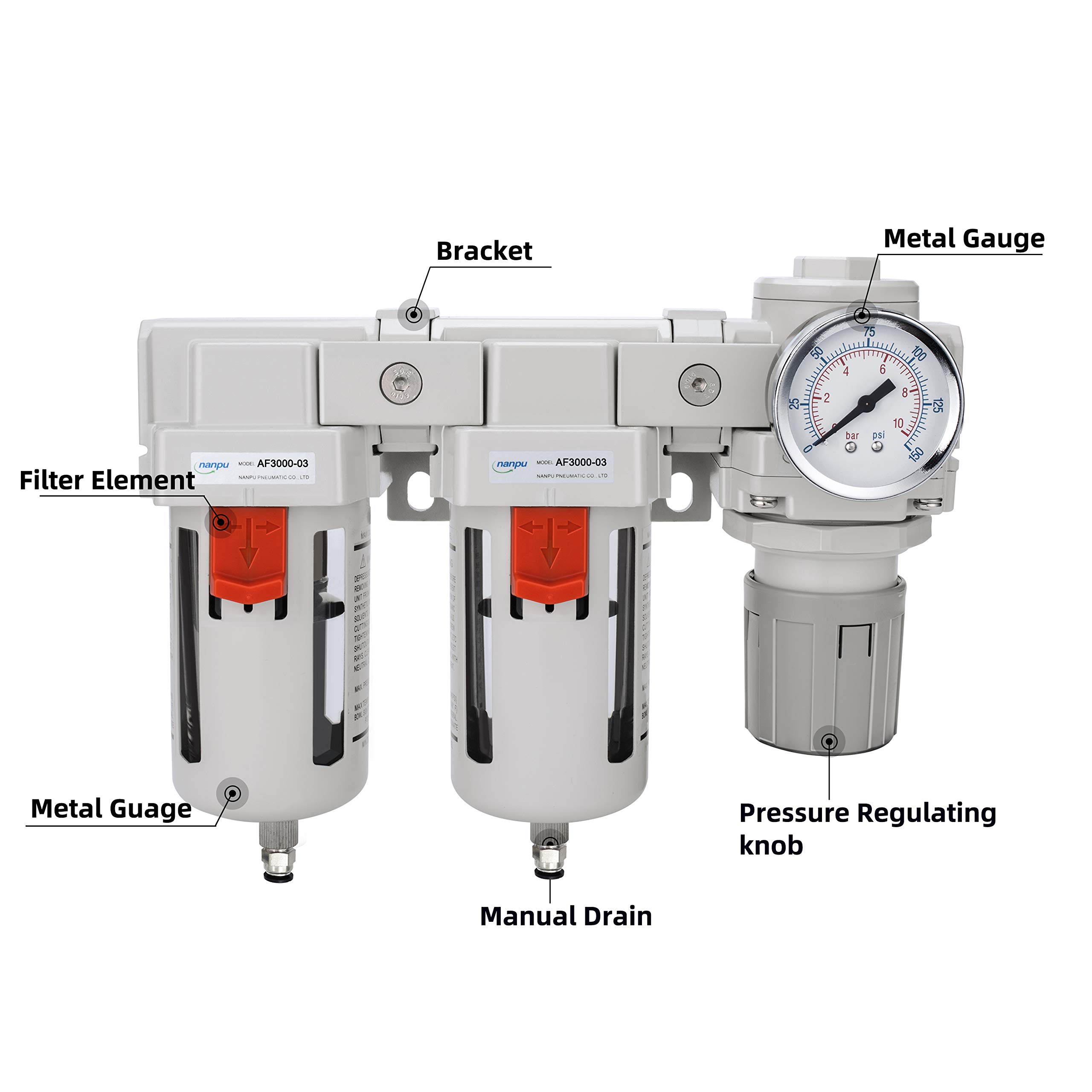 NANPU 3/8" BSPP Aria Compressa Doppio Filtro＆Regolatore, Separatore Trappola Acqua - Manometro (0-10 bar), Tazza in Polietilene, Scarico Semiautomatico, Staffa Metallica