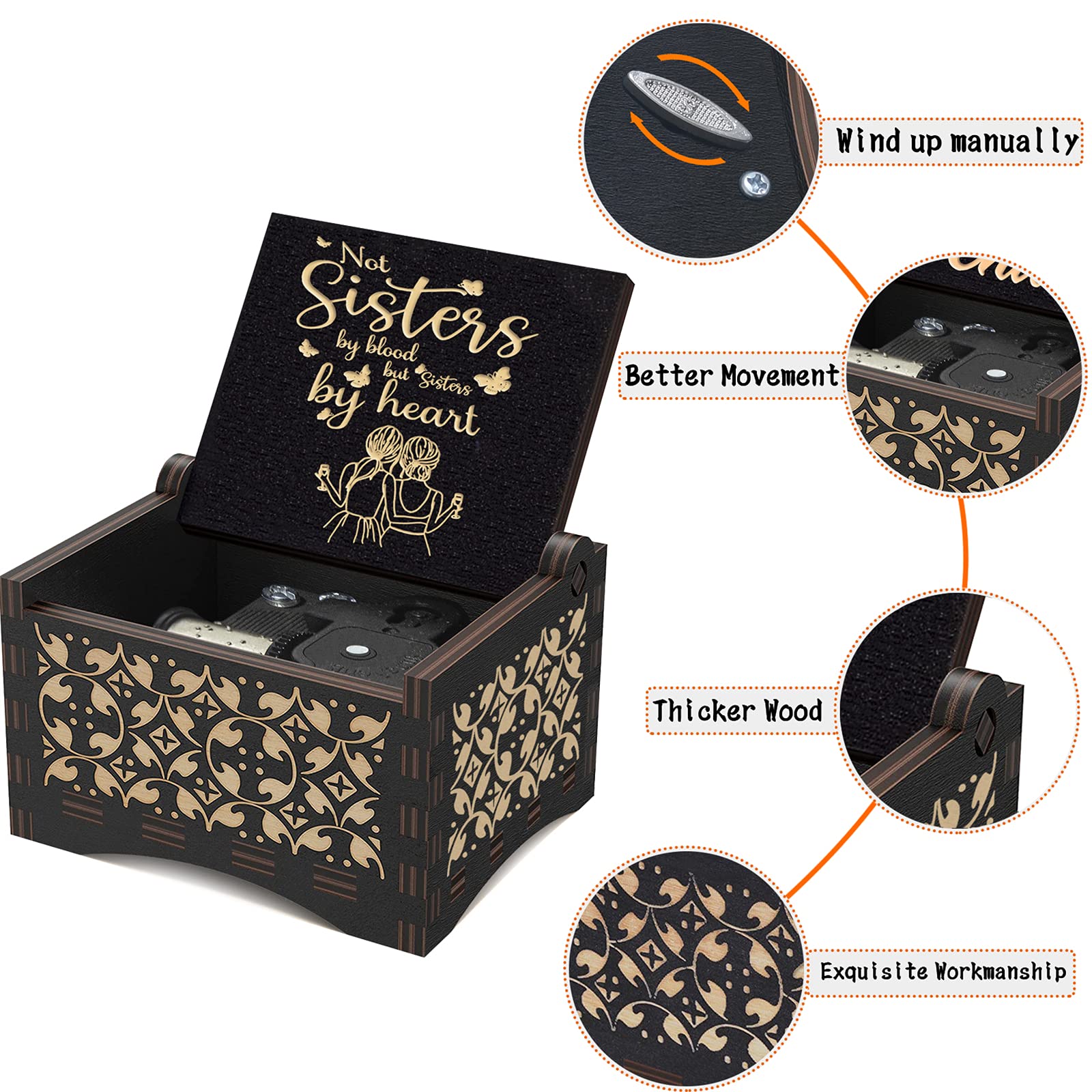 Mechanism U R My Sunshine Large Music Box Wooden Vintage Engraved Cute Nice Musical Box Not Sisters by Blood Gift for Women Friends Sisters Birthday/Christmas/Valentines Day/Anniversary