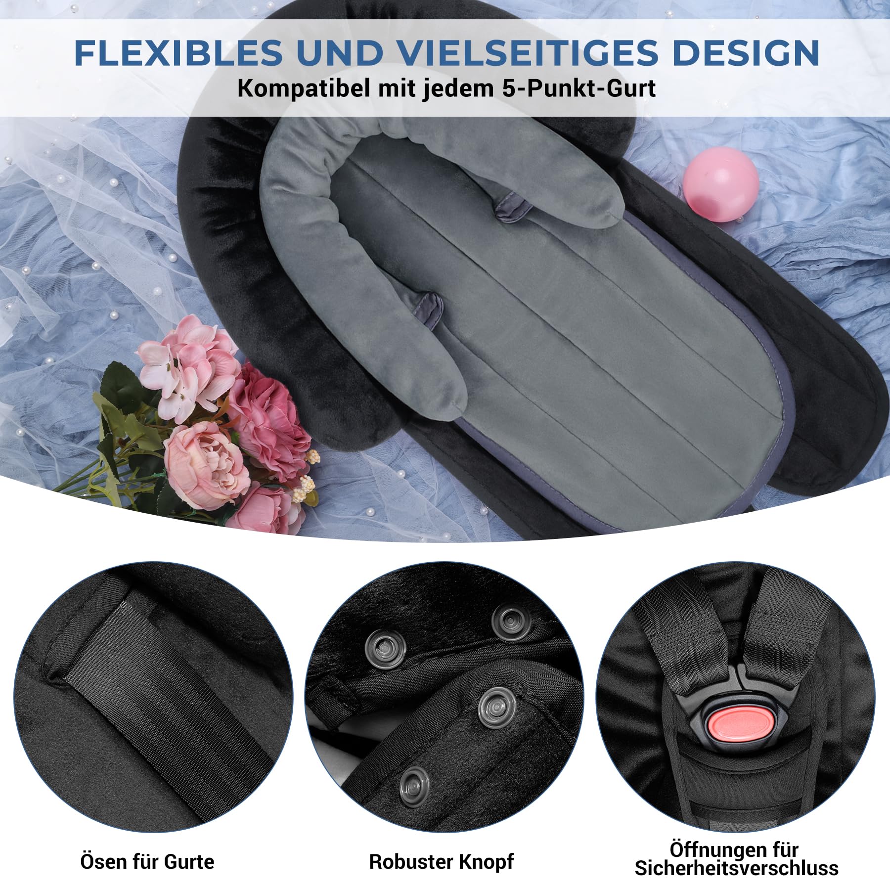 INFANZIA Reductor de asiento de bebé 2 en 1 con acolchado para cinturón de seguridad, universal, para todos los cochecitos, uso para recién nacidos, reposacabezas para portabebés y asientos de coche