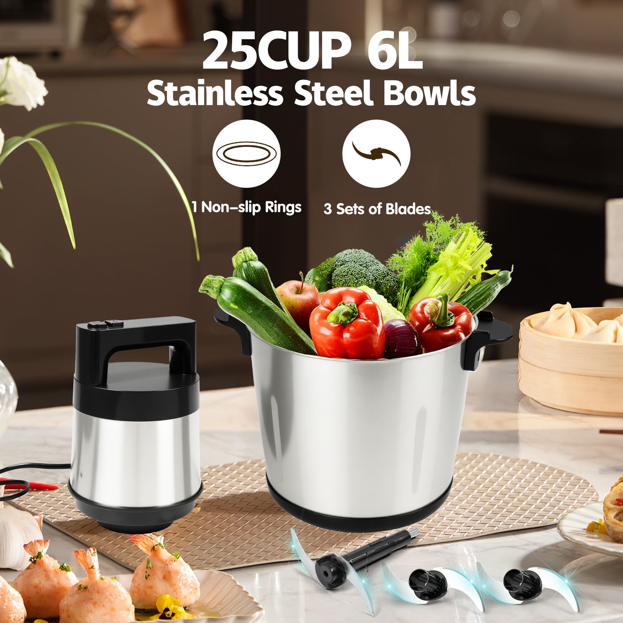 Procesador de alimentos grande, picadora eléctrica de 1200 W, potente motor de cobre, incluye 3 juegos de cuchillas de dos niveles y 1 cuenco de 25 tazas/6 L