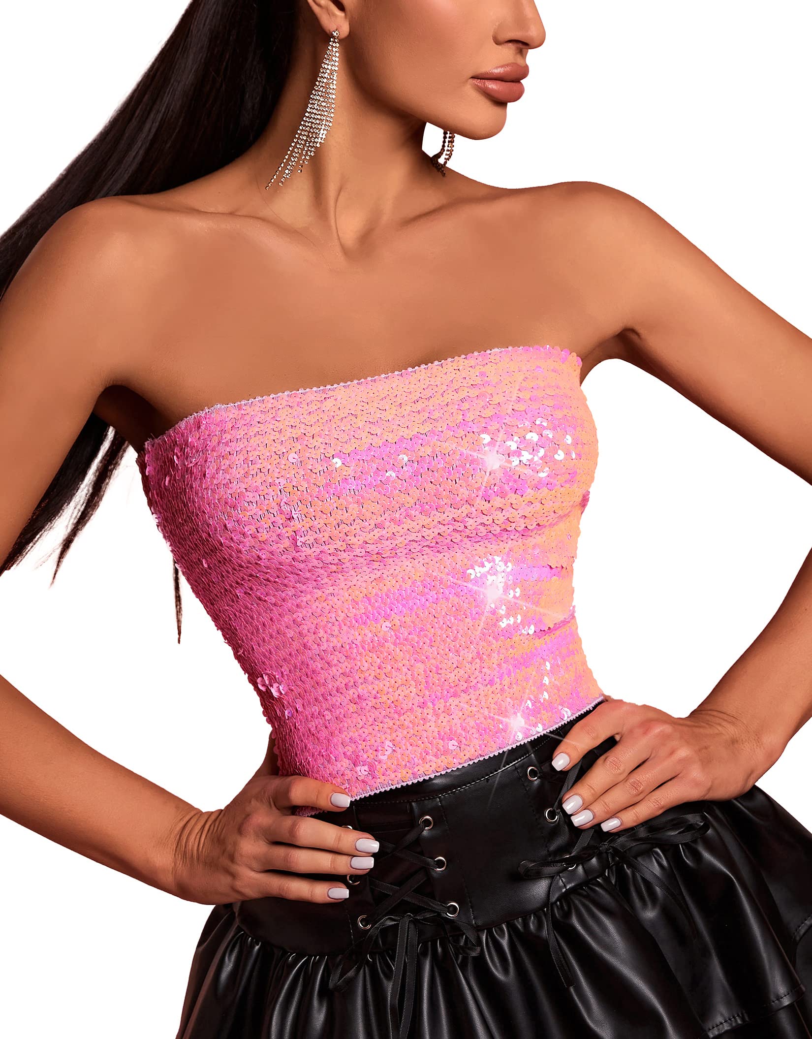 Womens Sparkling Sequins Stretch Party Clubwear Tube Top, Pink, One Size-image-1