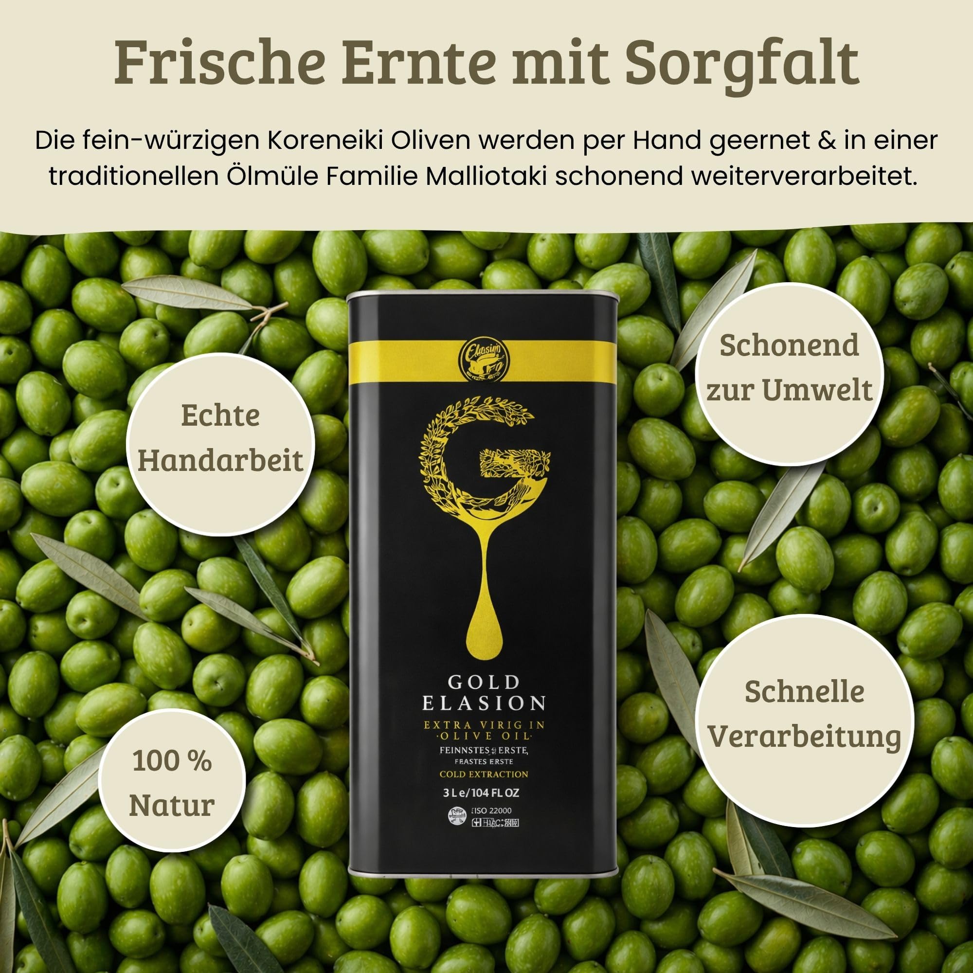 Elasion Gold 5 Liter | Griechische Olivenöl 0,3% aus Kreta | Extra nativ | Sortenrein | Kaltgepresst | Niedriger Säuregehalt