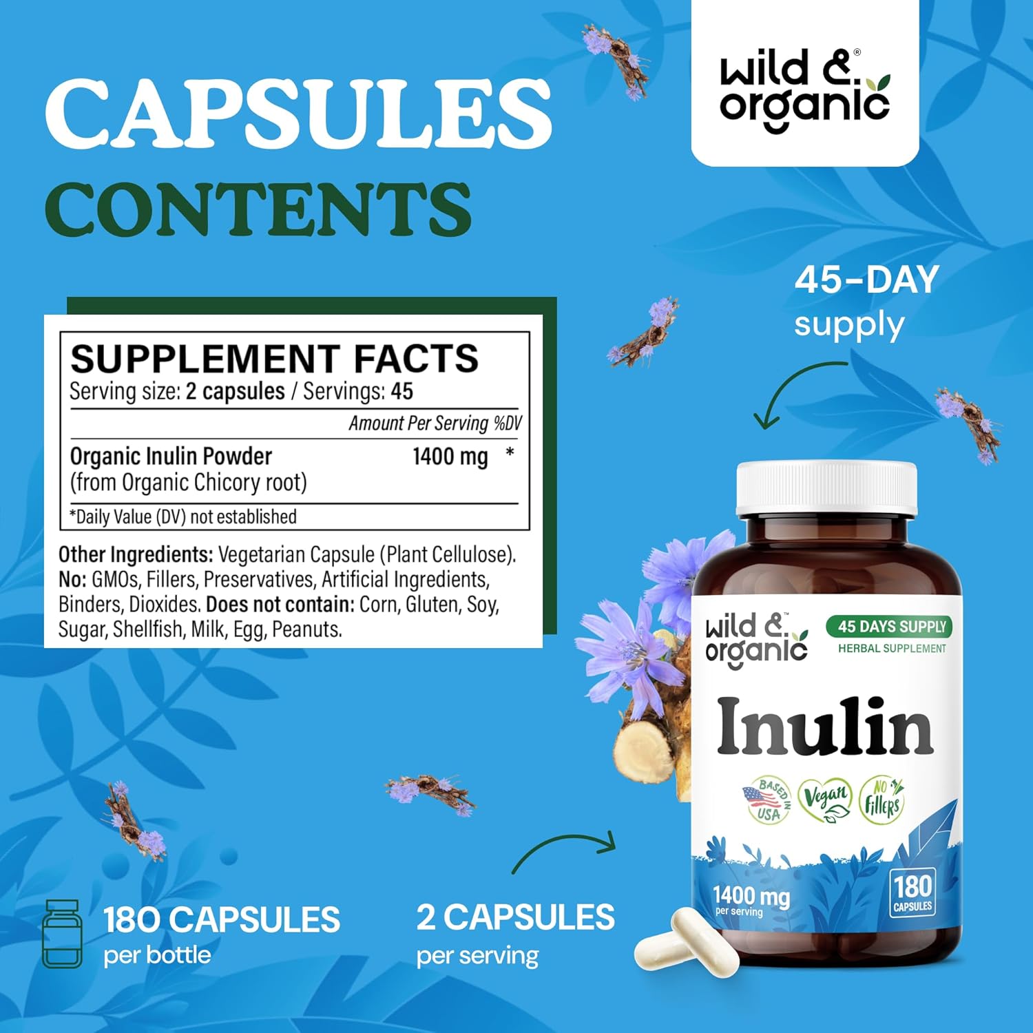 Wild & Organic Inulin Capsules 1400 mg - Digestive & Gut Support - Chicory Root Inulin Fiber Supplement - Prebiotic Fiber Derived from Chicory Powder - Vegan, No Fillers, Non-GMO - 180 Count - Image 3