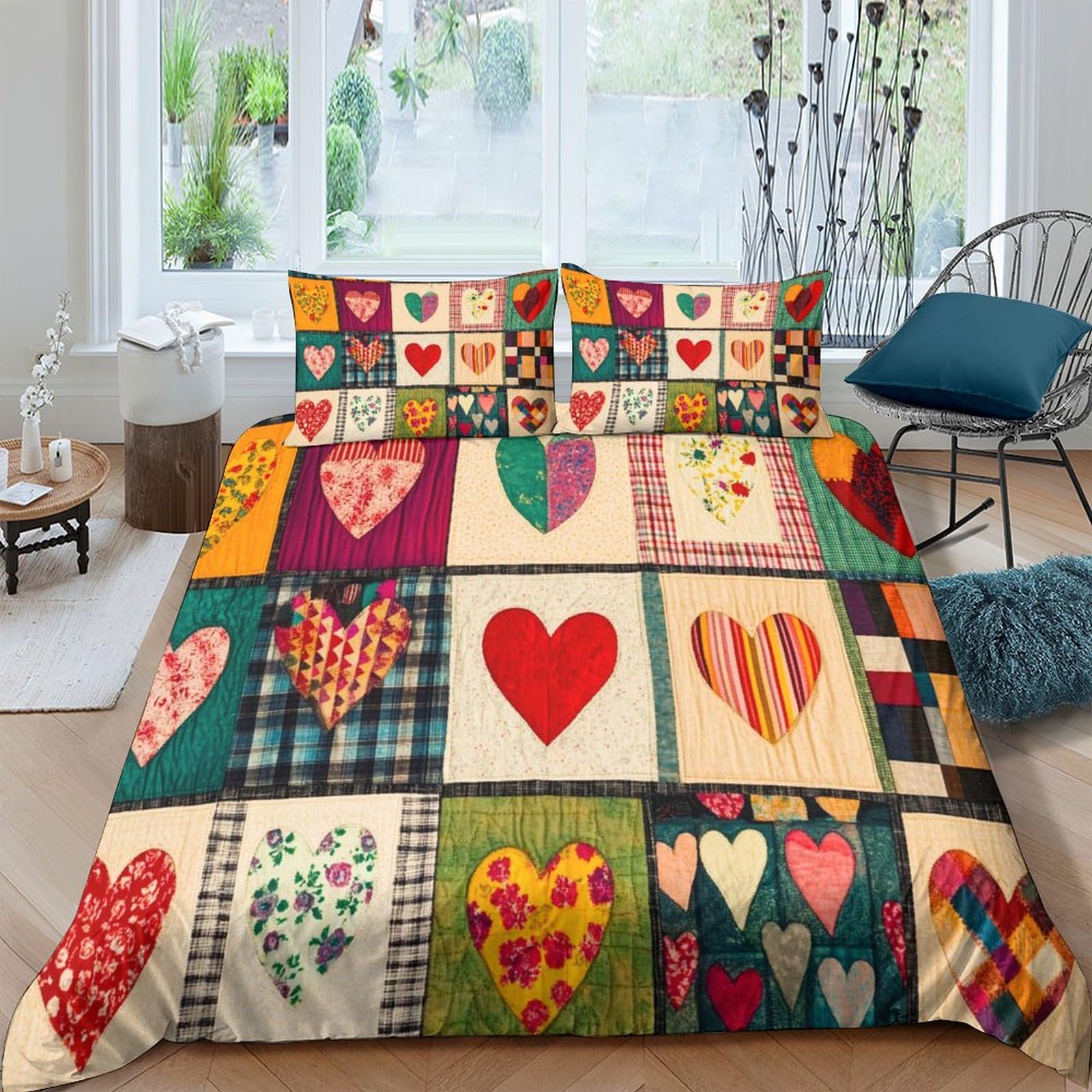 RIAVBAODG 3D Hearts And Checkered Stripes Printing Duvet Cover Set Patchwork Quilt 3 Pcs Bedding Set Soft Lightweight Bedroom Dorm Decor for Kids Teens Boys Room Decor with Pillowcase King（220x240cm）