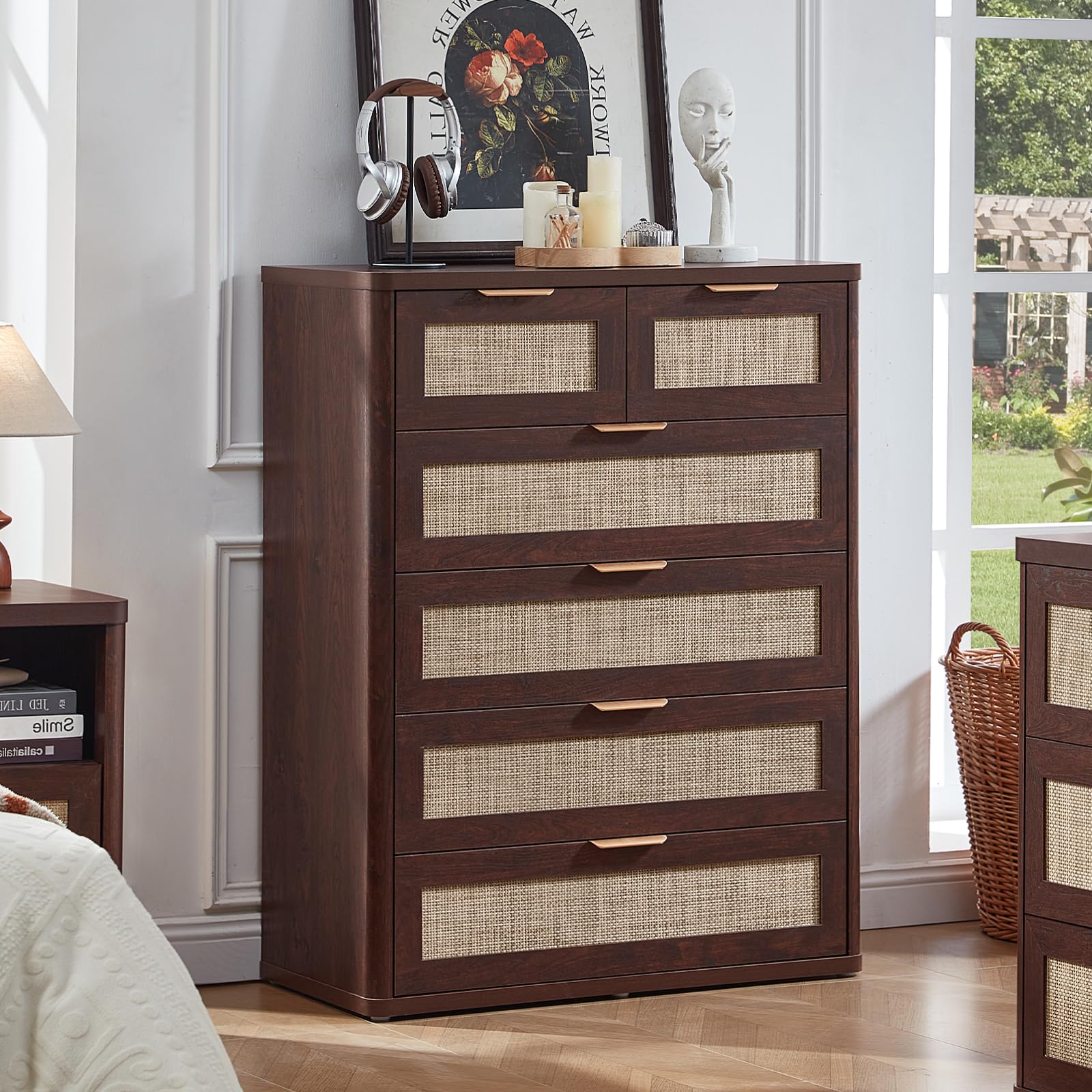 LEYAOYAO Dresser for Bedroom, 41" Tall Chest of Drawers, Modern 6 Drawers Boho Rattan Dressers with Storage, Dresser Wooden Closet Organizer for Living Room, Hallway