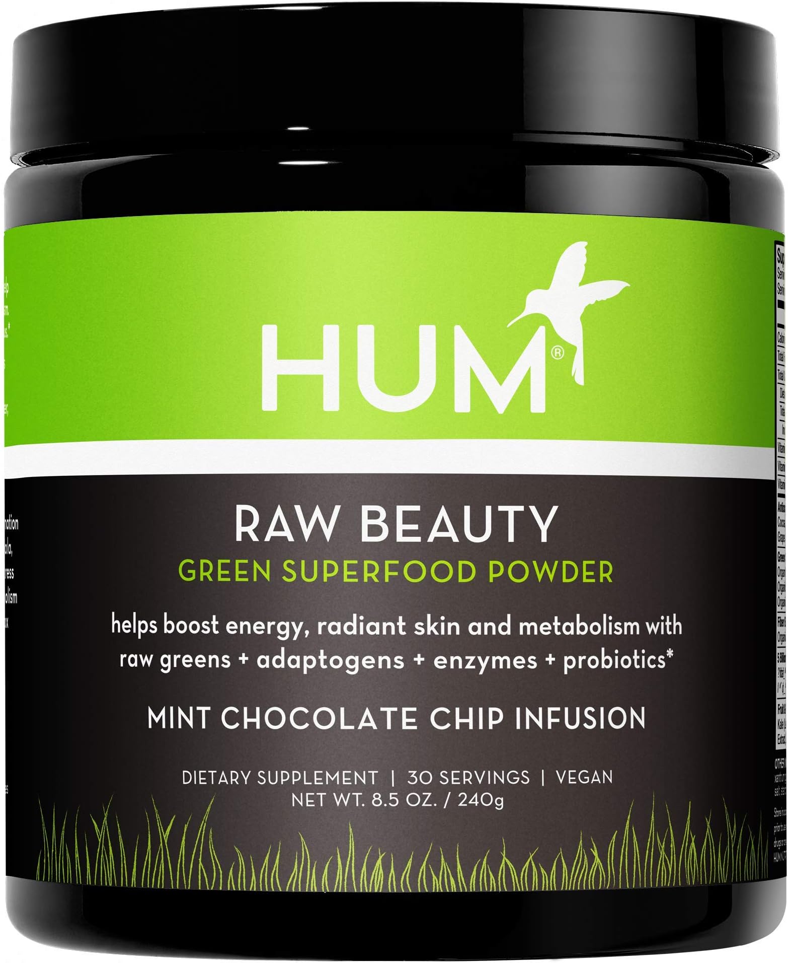HUM Raw Beauty Greens Superfood Powder - Spirulina & Vegan Probiotic Powder with Adaptogens + Enzymes - Promotes Radiant Skin, Energy & Healthy Metabolism (240g / 30 Servings)