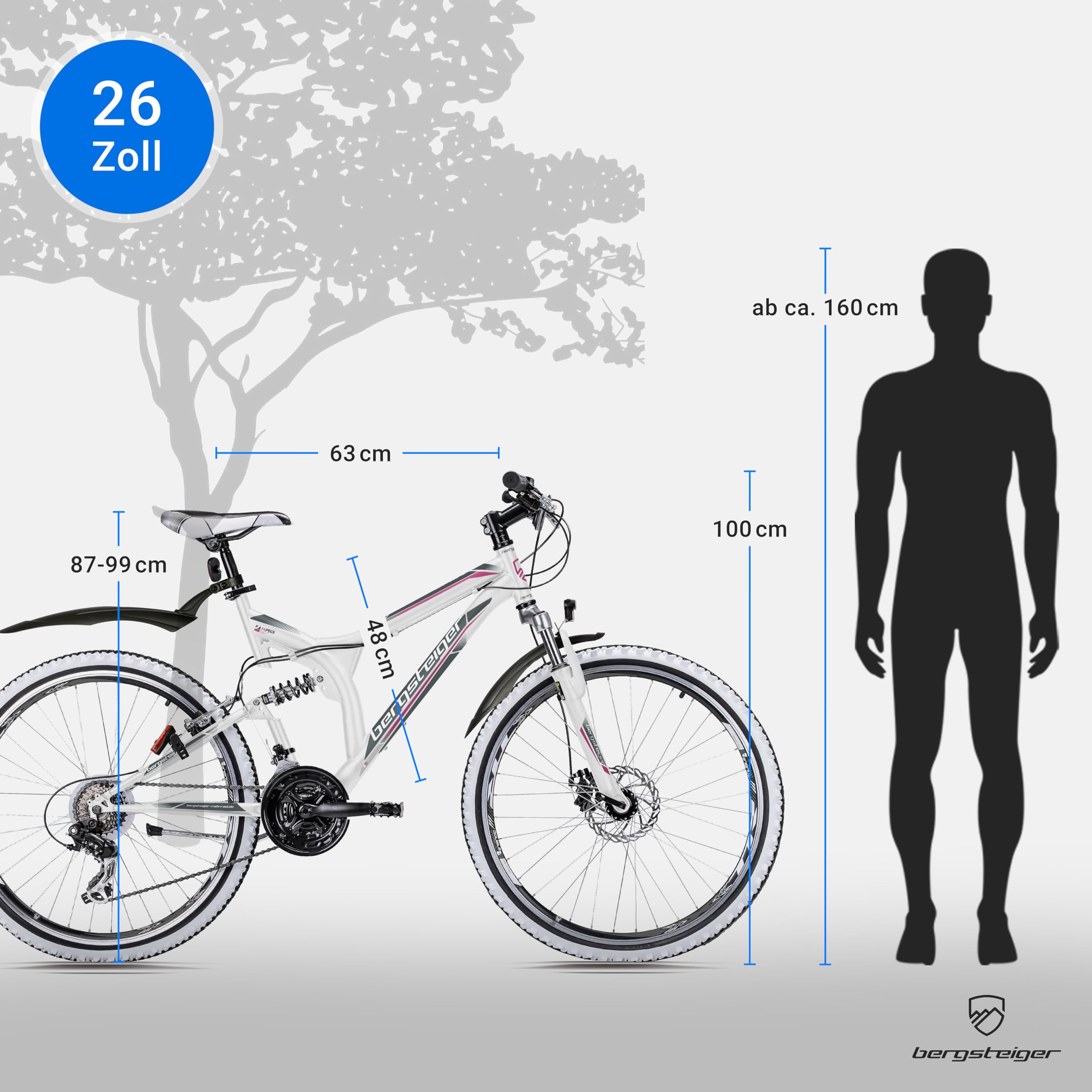 Bergsteiger Phoenix 26 Zoll Mountainbike Fully mit Vollfederung | Perfekt für den Weg zur Schule oder Arbeit ab 160 cm Größe. Mit 21 Gängen, Licht und zu 90 Prozent fertig vormontiert.