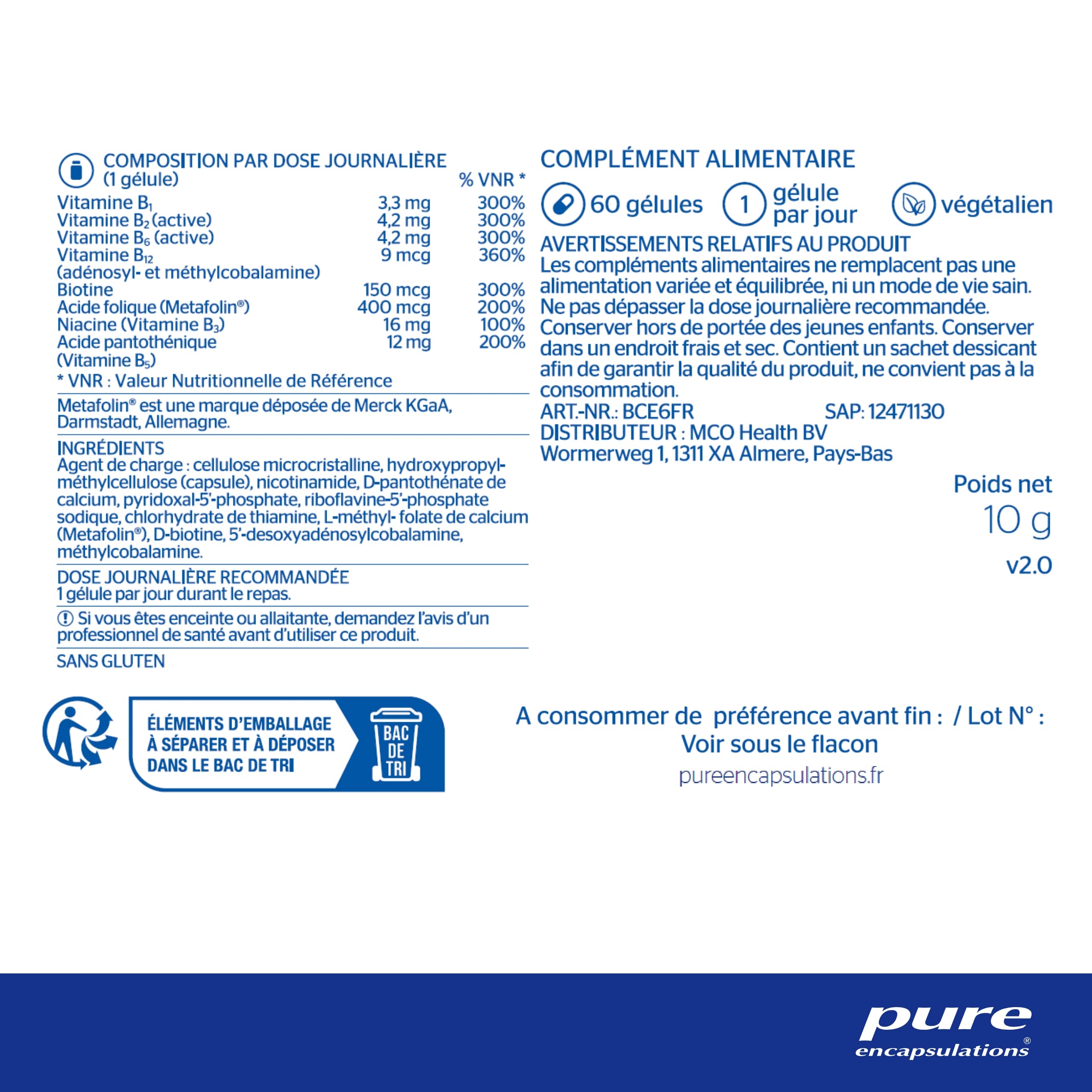 Pure Encapsulations - B-Complex - Association de 8 Vitamines B Hautement Assimilables - Contribue à Un Métabolisme Énergétique Normal - 60 Gélules Véganes