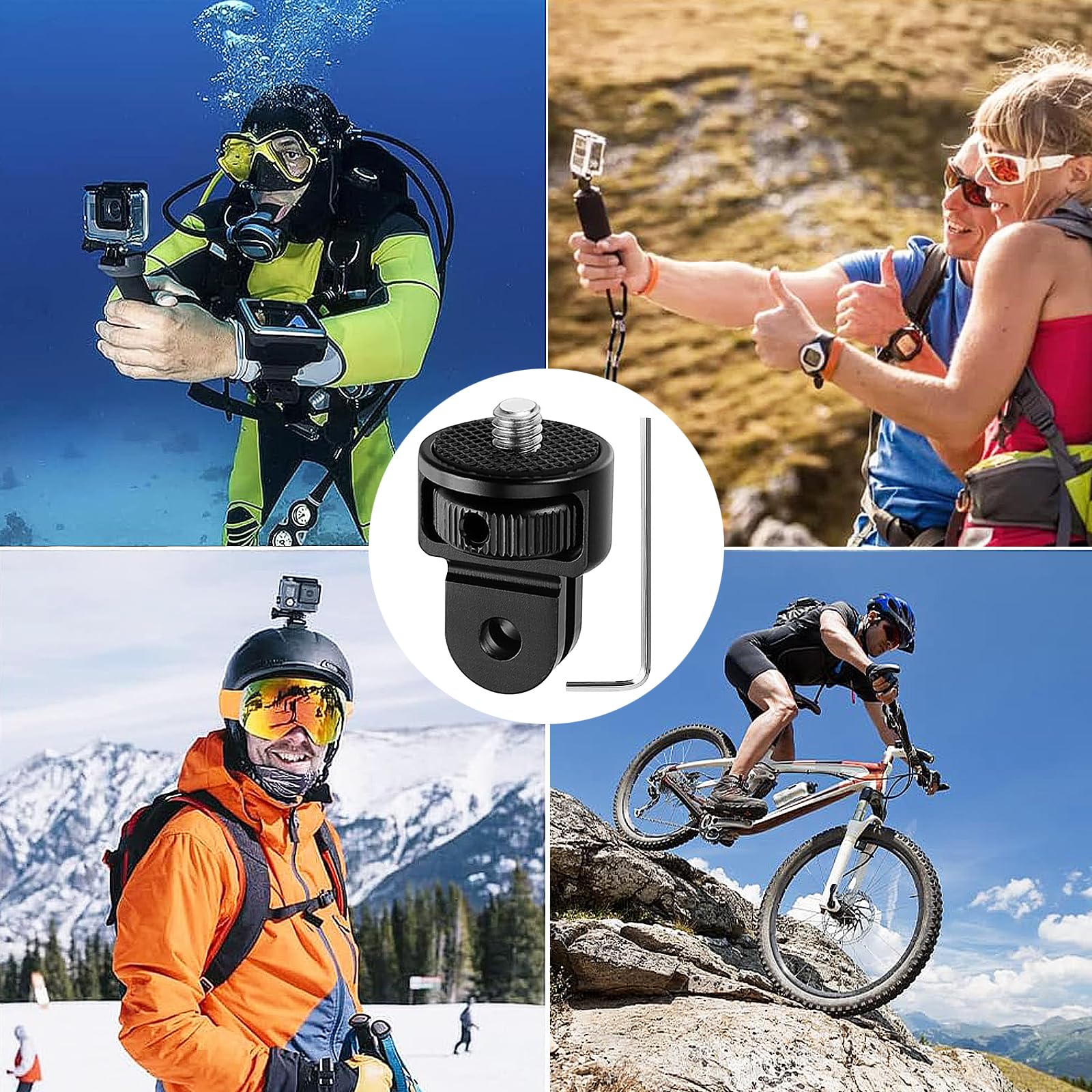 2 Pièces Adaptateur de Trépied en Aluminium, 1/4" Fixation de Trépied Compatible, Ajustement à 360 ° Adaptateur de Caméra, avec 2 Clés, pour Gopro Hero10, Sjcam Caméra(Noir)