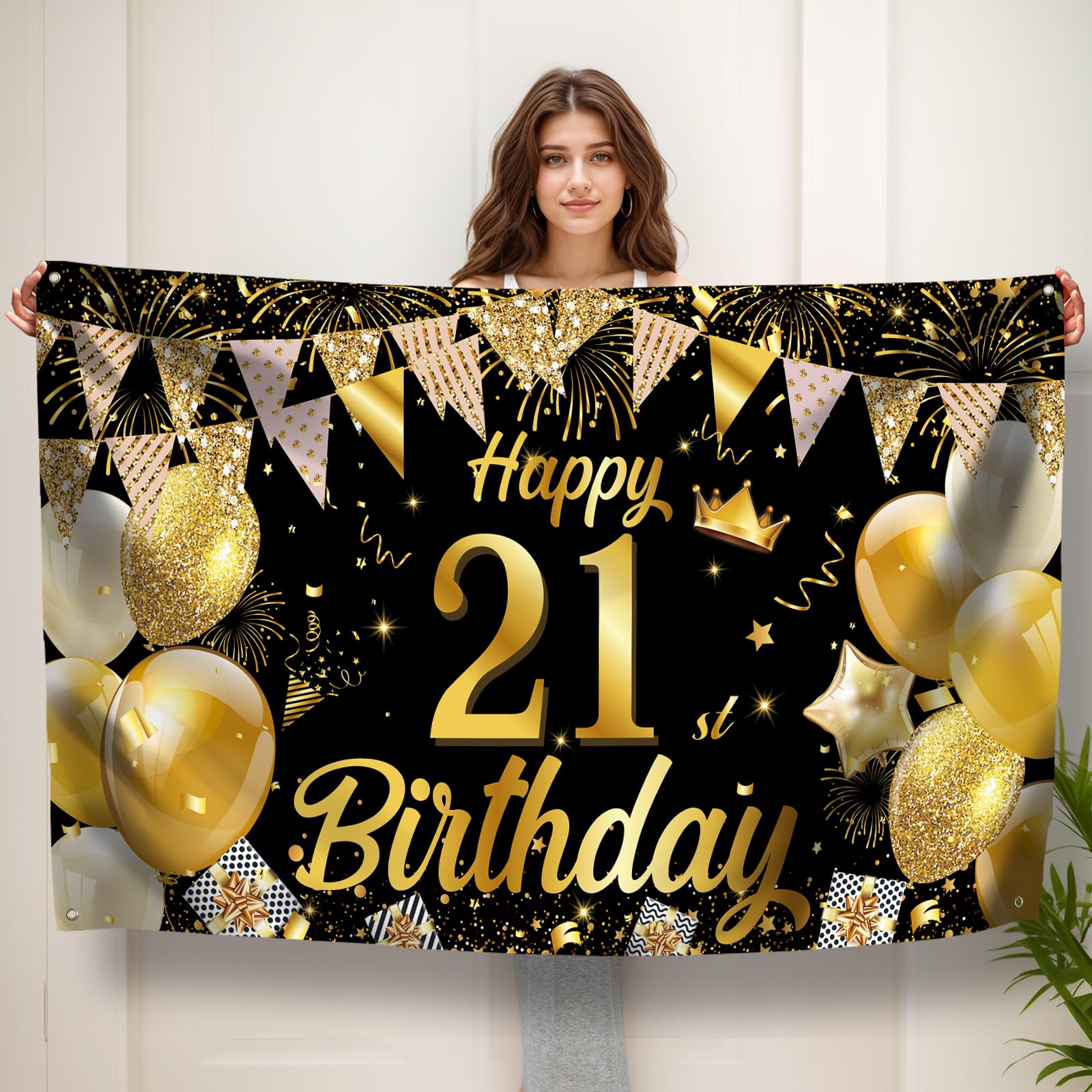Koliphy 21st Birthday Banner, Happy 21st Birthday Banner Backdrop Decorations Handheld Extra Large Party Background Decor Sign Poster for Men & Women(Black Gold)