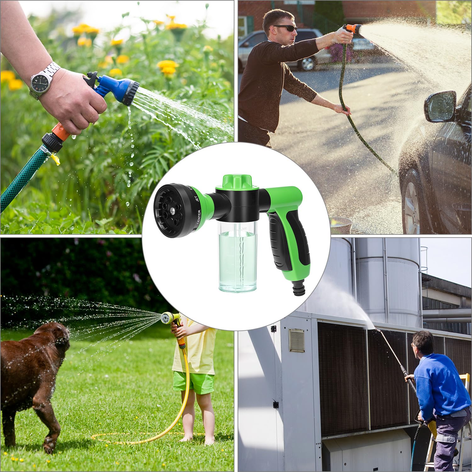 QWORK® Zraszacz ogrodowy, wąż wysokociśnieniowy, dysza natryskowa z 8 regulowanymi wzorami i dozownikiem mydła, do mycia samochodu, pod prysznic zwierząt domowych, podlewania roślin