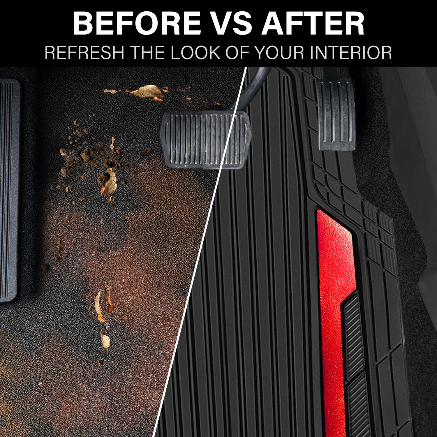 CAR PASS Heavy Duty Rubber Car Mats Metallic, Aluminum Film All Weather Floor Mats Waterproof Universal Trim to Fit Automotive SUV Sedan Van 4 Piece Anodized Deep Dish Two-Tone Sporty Black Red Chrome