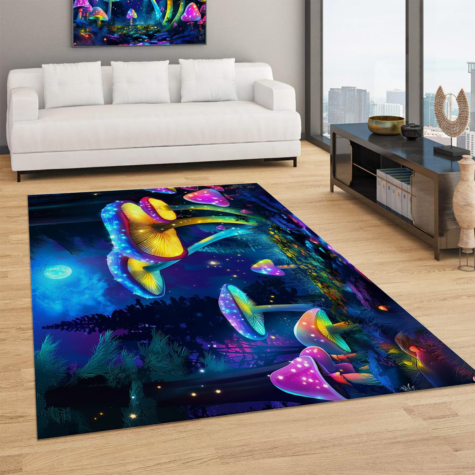 Tapis salon lavable à motif champignons colorés vintage grand format