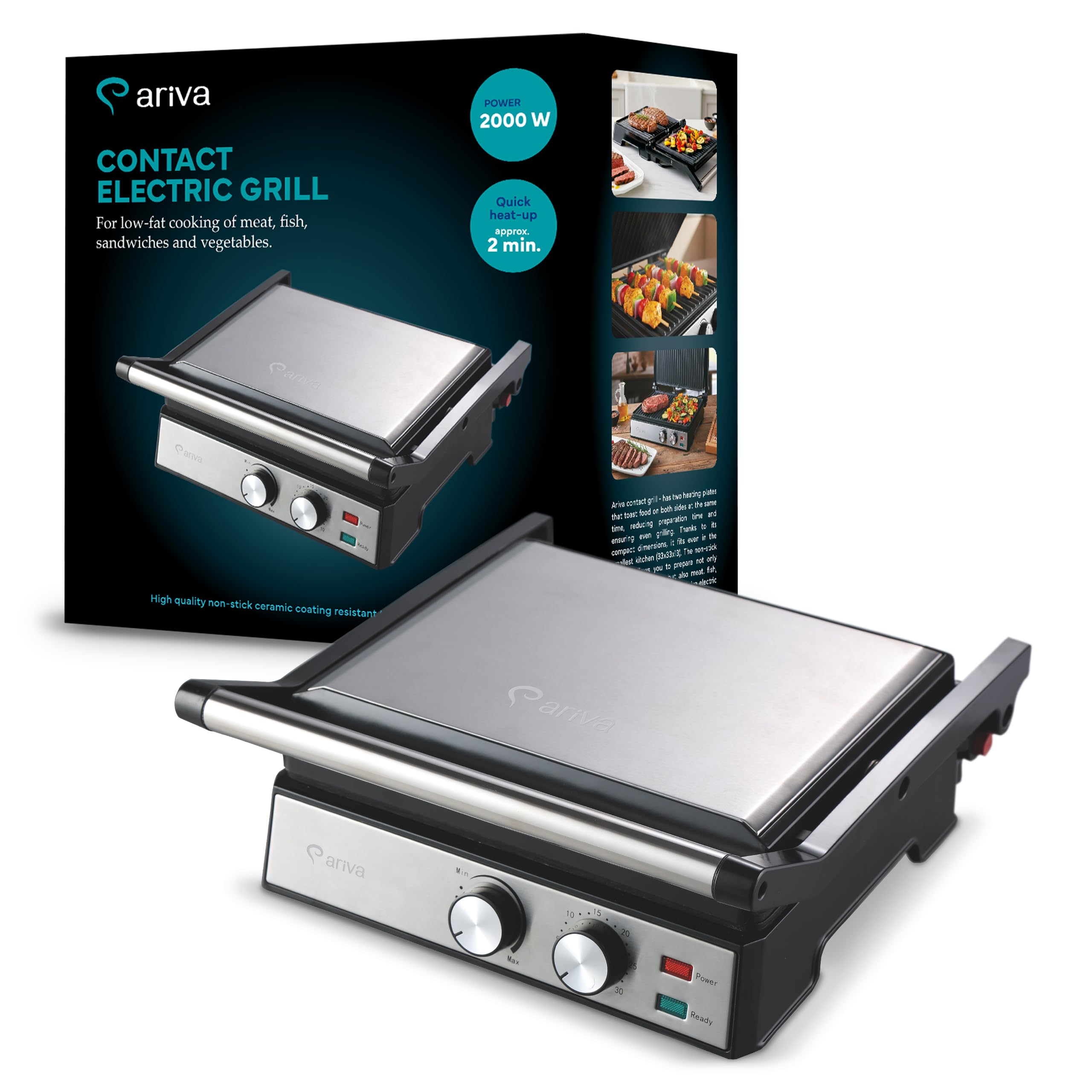 ARIVA Elektro Kontaktgrill 2000W mit Keramikbeschichtung – 2-in-1 Tischgrill 180° aufklappbar, Panini Maker mit Timer & Temperaturregler, Fettauffangschale, Antihaftbeschichtet, Silber