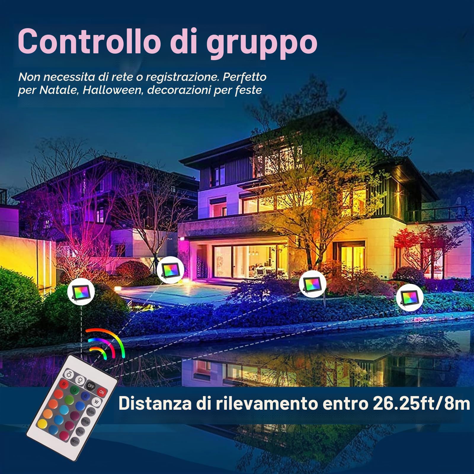 Faretto LED da Esterno 100W,RGB Faretti LED con telecomando,Faro LED RGB Cambia Colore Dimmerabile,IP66 Impermeabile Lampada da Esterno,Proiettore Luci Discoteca DJ Per Natale,Halloween,Festa