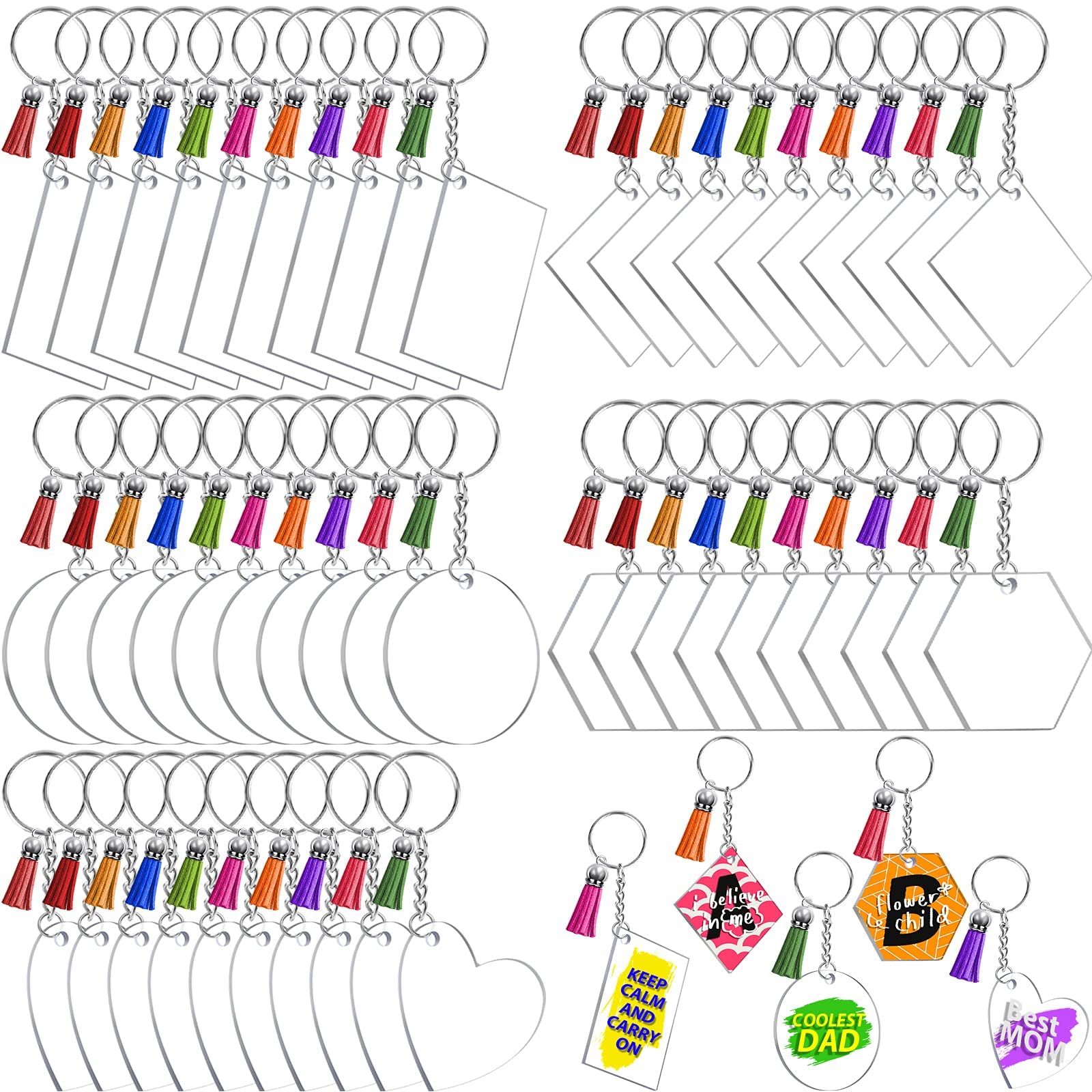 MAKINGTEC Blank Keychains for Vinyl, Acrylic Keychain Blanks Bulk with 5 Shapes Clear Acrylic Disc Leather Tassel Charms Key Chains Jump Ring for DIY Craft Ornament Engrave Painting (200Pcs)