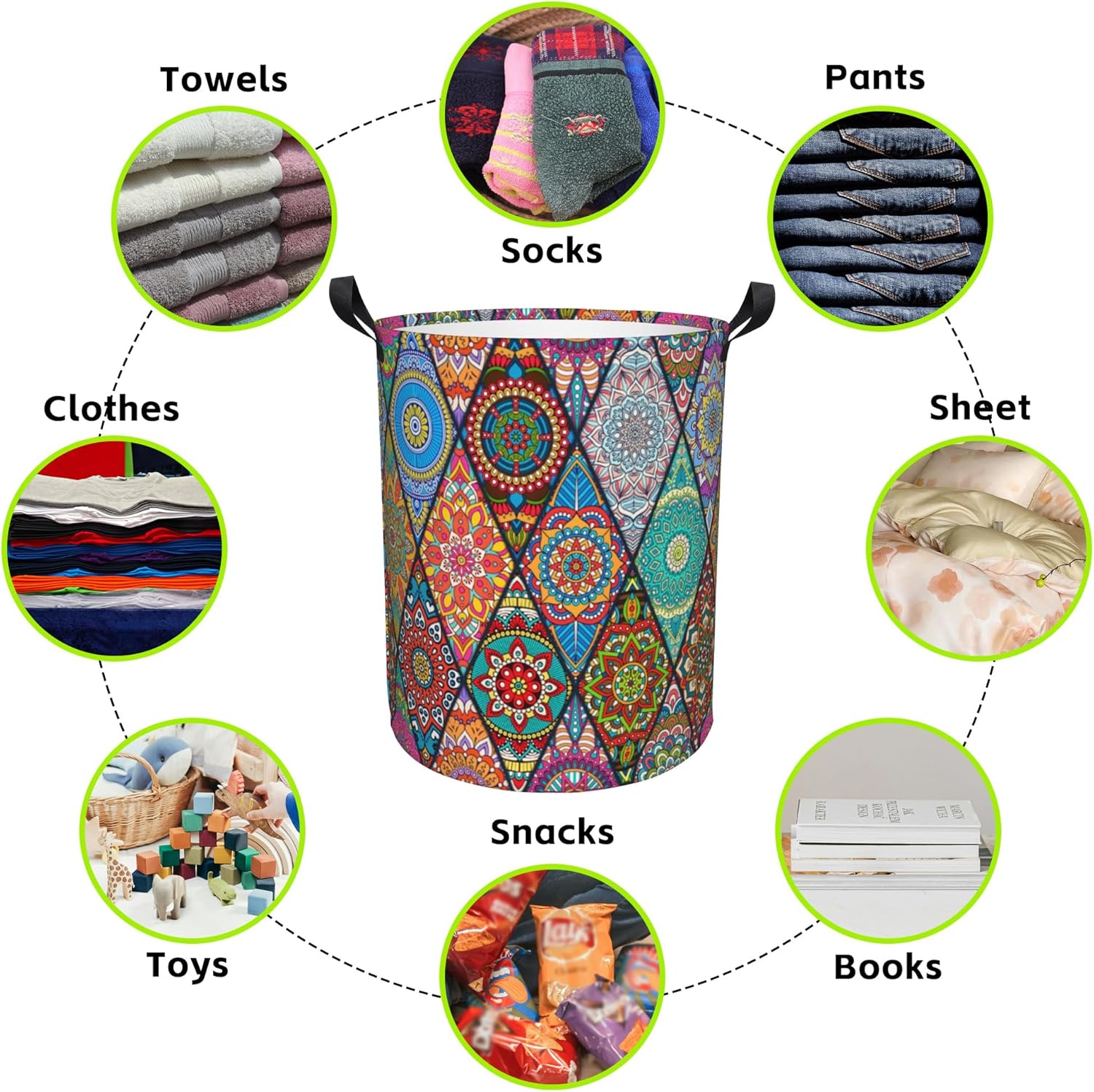 Bohemian Mandala Laundry Basket Foldable Laundry Hamper Waterproof Oxford Cloth Large Laundry Basket Clothes Storage Bucket Toy Organizer For Bathroom, Laundry, College 17.3 x16.5 Inch