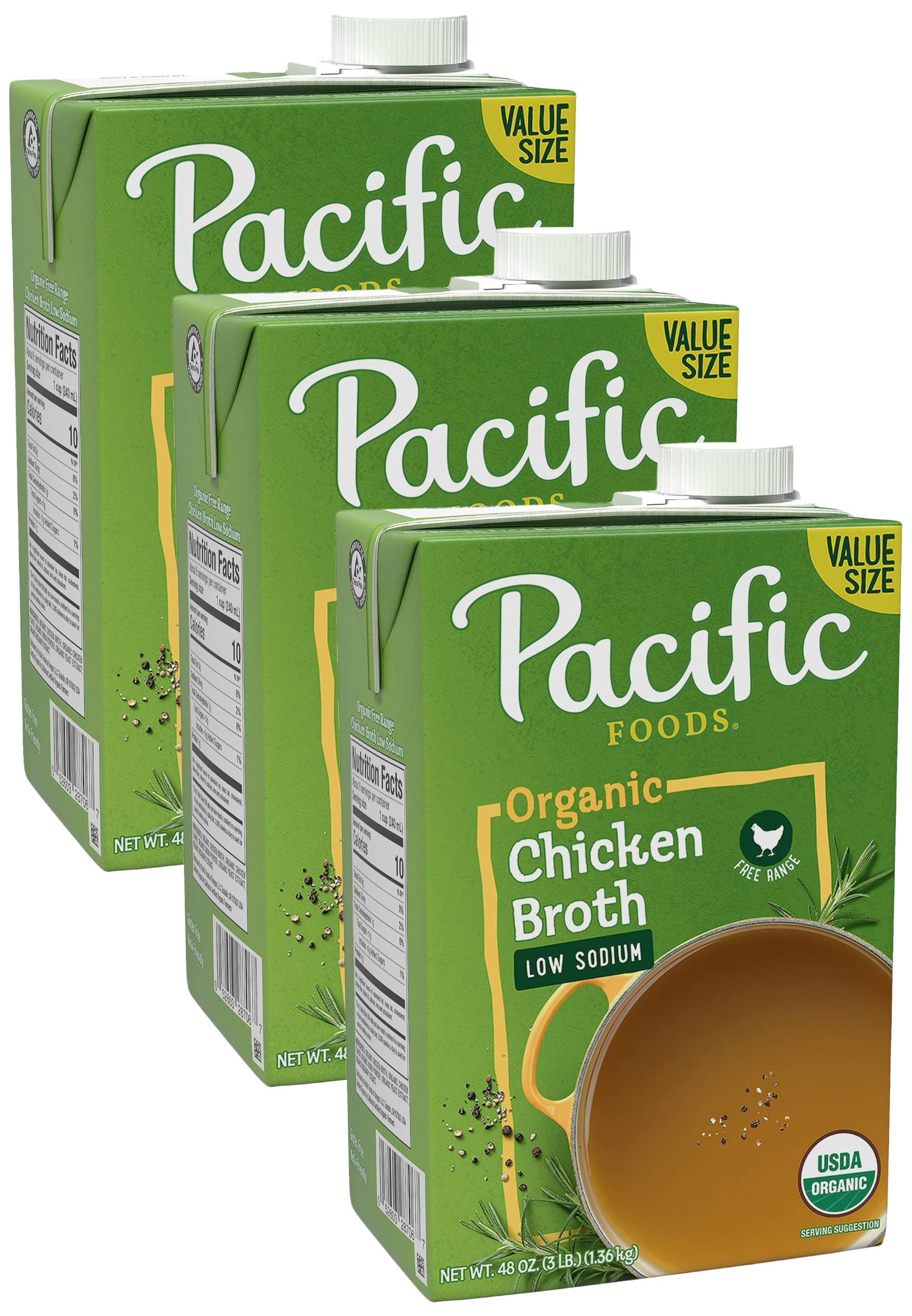 Pacific Foods Low Sodium Organic Free Range Chicken Broth, 48 oz Carton (Pack of 3)