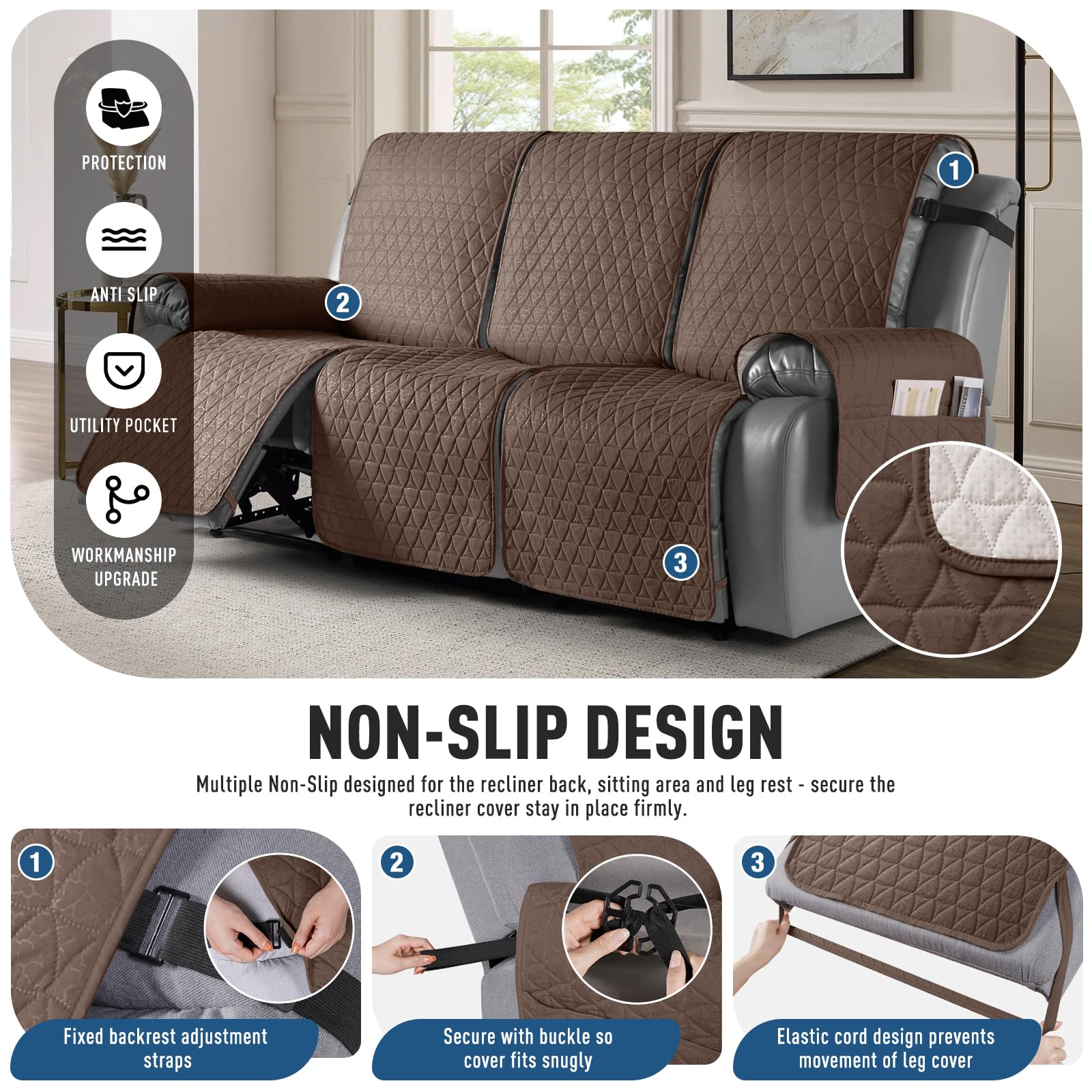 Funda de sofá reclinable 100% impermeable, funda antideslizante para sofá reclinable de 3 plazas, con correas elásticas para las piernas, lavable, apta para mascotas (marrón, 3 plazas) 3