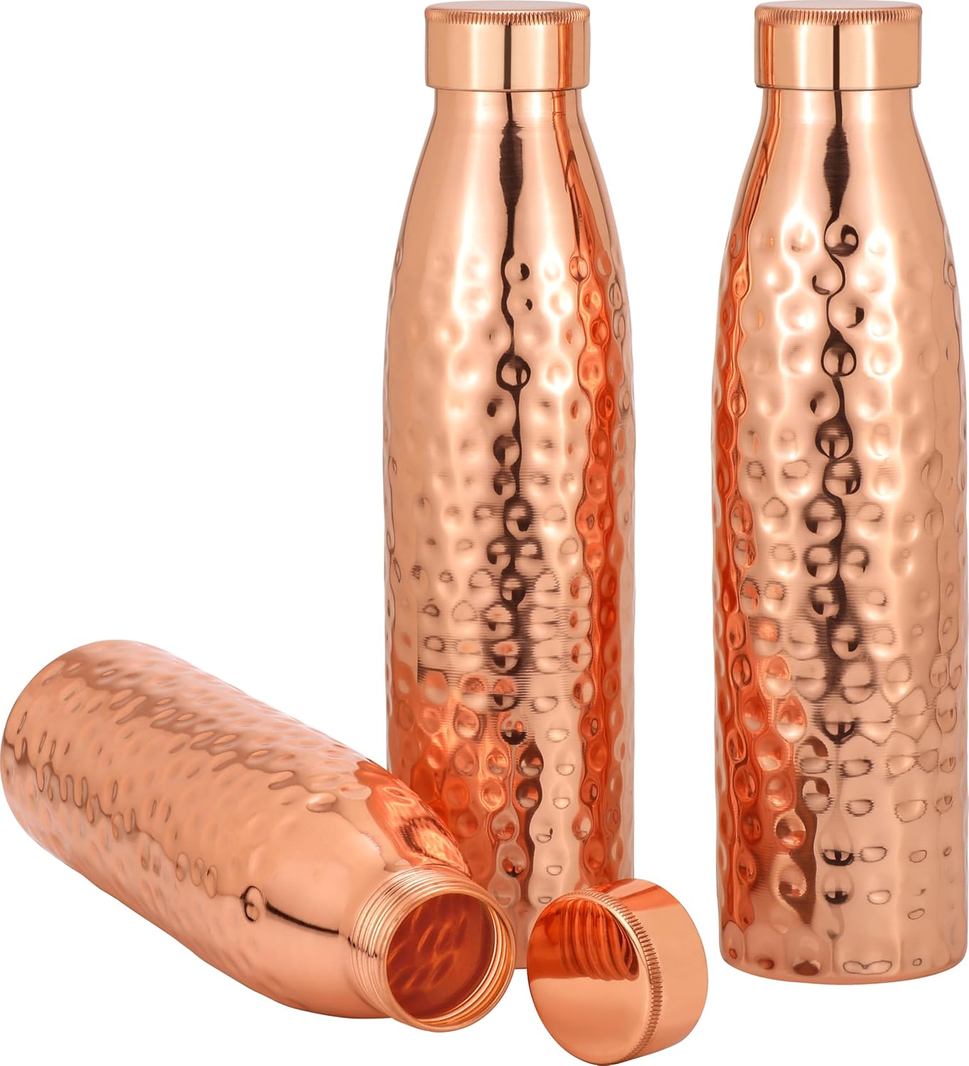 Glytterati Hammered Copper Water Bottle (34 oz/1000ml) (Set of 3) | Pure Copper Bottle For Drinking Water