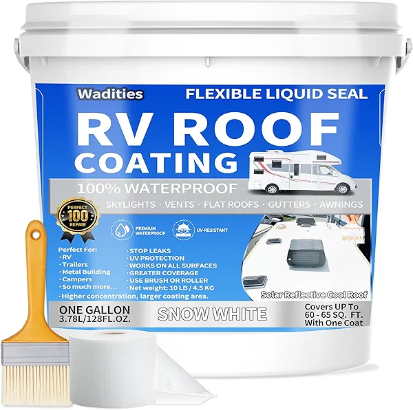 RV Roof Coating White, Wadities Waterproof Solar Reflective Sealant, Flexible RV Roof Sealant for Campers, Trailers, Motorhomes, Metal Buildings and Leak Repairs - 1 Gallon