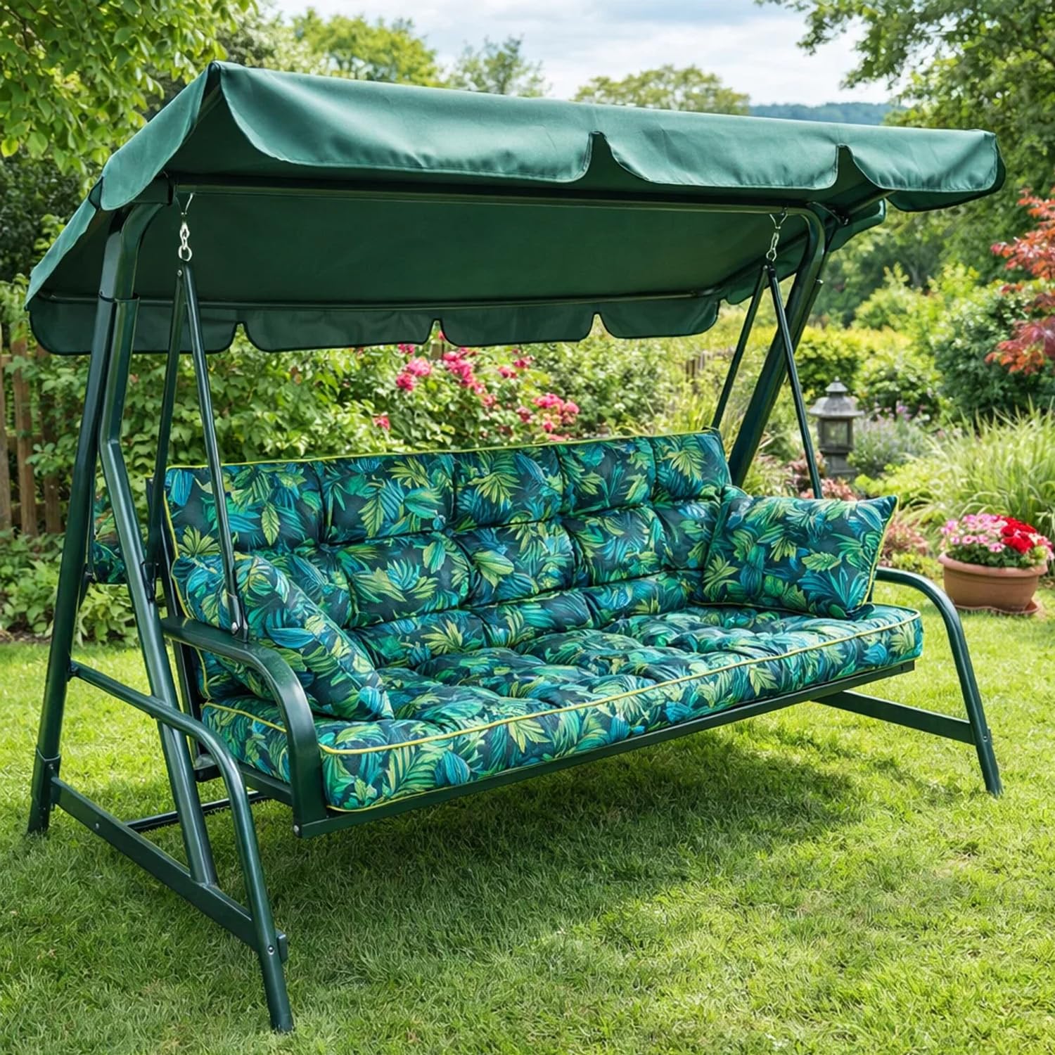 Hollywoodschaukel Auflage Pola, Sitzkissen für Gartenschaukel, 100–180 cm, mit 2 Kissen (Blaue BLÄTTER, 180 cm)
