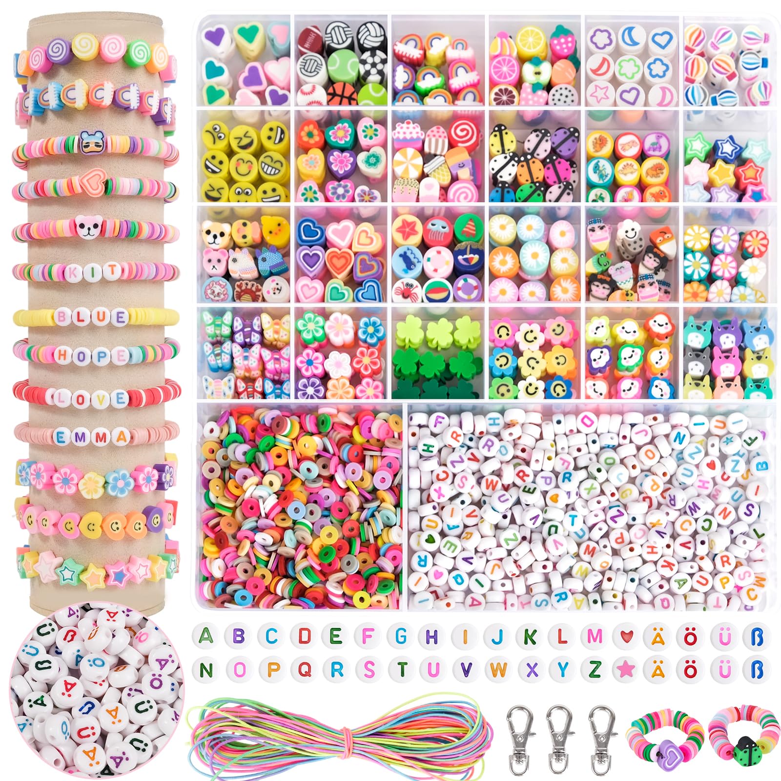 RUBY 1800pcs Perlen zum Auffädeln Kinder, DIY Perlen für Armbänder mit deutschen Buchstaben, Selber Machen Basteln Perlen Set Halsketten Kunst Handwerk Geburtstagsgeschenke Spielzeug für 5-12 Jahre